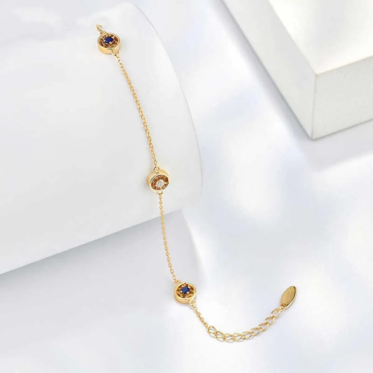 Pulsera Mujer de Oro Amarillo 9Kilates / 14Kilates / 18Kilates, Redondo con Zafiro y Diamante, Cadena Extensible 16 CM + 5 CM, Pulsera Mujer Cadena Oro Azul