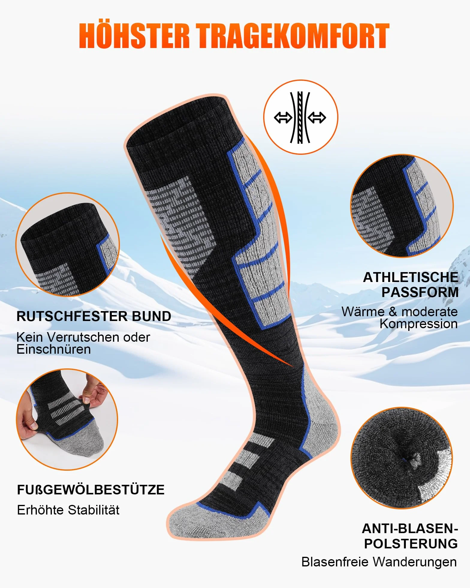 Niofind Calcetines de esquí de merino para hombre y mujer, 2 pares, de rizo completo, calcetines térmicos, calcetines cálidos de invierno, calcetines de esquí que absorben la humedad para clima frío
