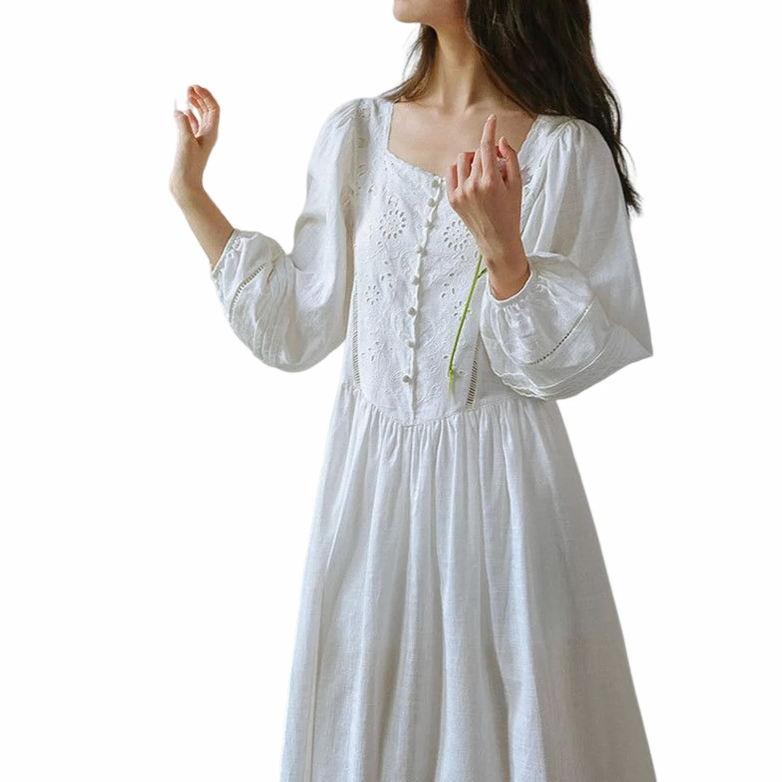 OFFSUM Camisón De Pijama De Mujer - Dulce Princesa Primavera Verano Algodón Blanco Vintage Camisón Encaje Cuello Cuadrado Casual Color Sólido Ropa De Dormir Ropa