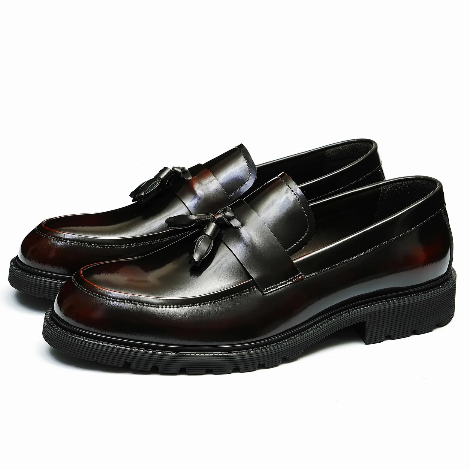 Loafers Cómodos Suela Gruesa y Borlas para Hombre Mocasines Formales Slip On Zapatos Bajos de Vestir Casuales en Cuero