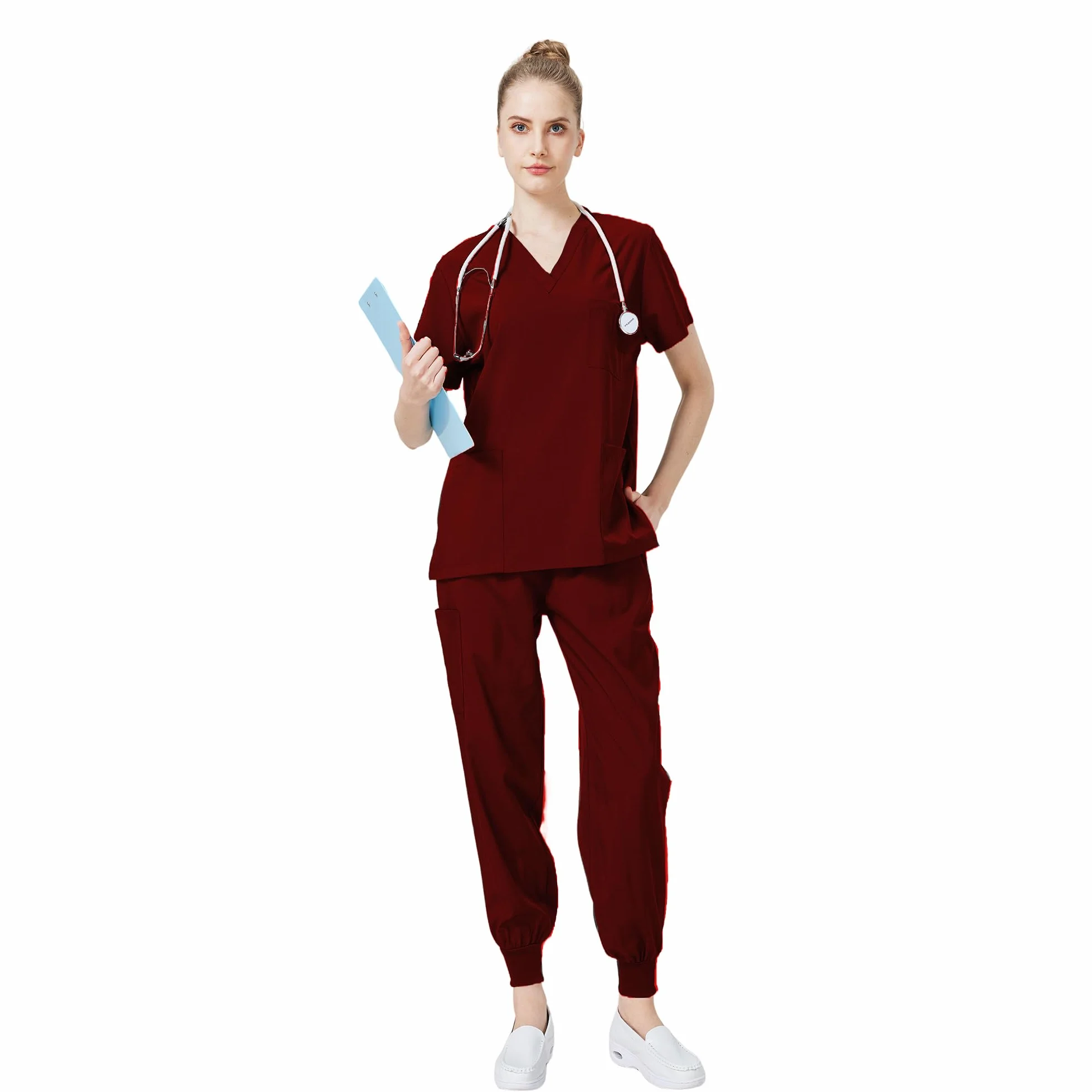 Conjunto Médico 2PCS Uniformes de Trabajo Médico Cuello en V Top de manga corta con 3 bolsillos Pantalones elásticos Secado rápido y absorbente del sudor DK05