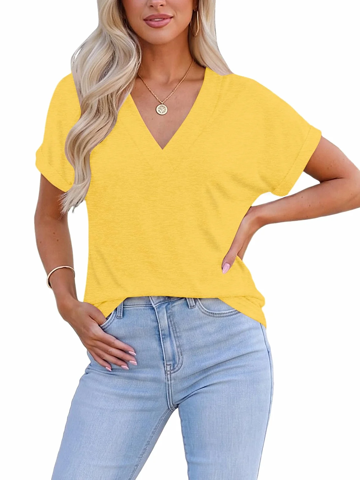 Cuptacc Camiseta Mujer Manga Corta Cuello en V Blusas Mujer Verano Elegantes Suelto Básica Top
