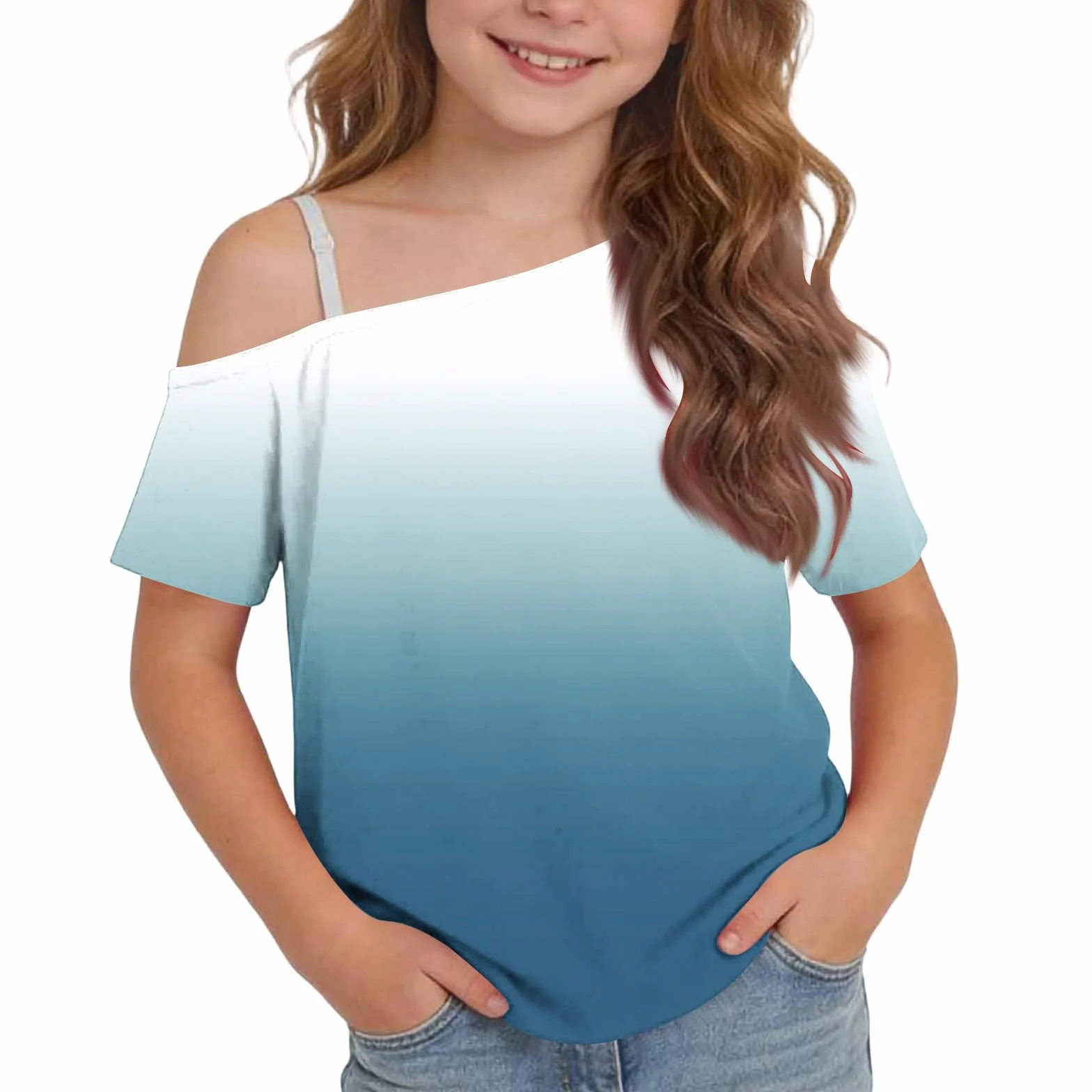 Camisetas de manga corta con hombros descubiertos para niñas, adolescentes, elegantes, transpirables, para la escuela, básicas, de un hombro, holgadas, informales, invitadas de boda, 5-14 años, Reino