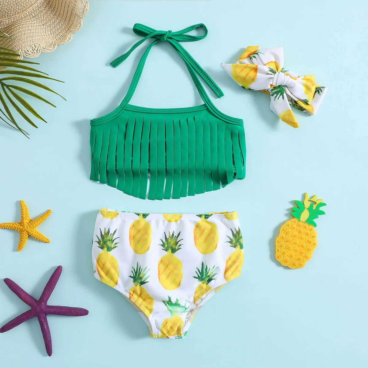 Generisch Tankini Niñas Verano Niño Niña Bowknot Piña Estampados Borla Traje de Baño de Tres Piezas Bikini Diadema Set