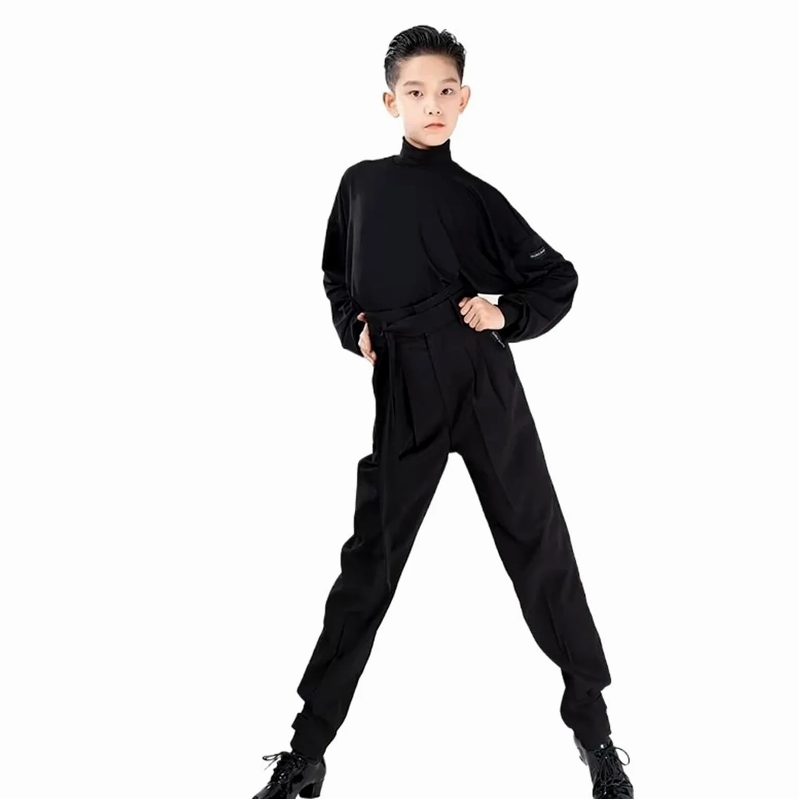 Traje de actuación danés Latino for niños, Top Manga murciélago, Pantalones Cintura Alta, Ropa Baile salón, Tango, práctica for para Hombre, Salsa, Jazz, Danza(XXXS,Black Tops+Black Pant)