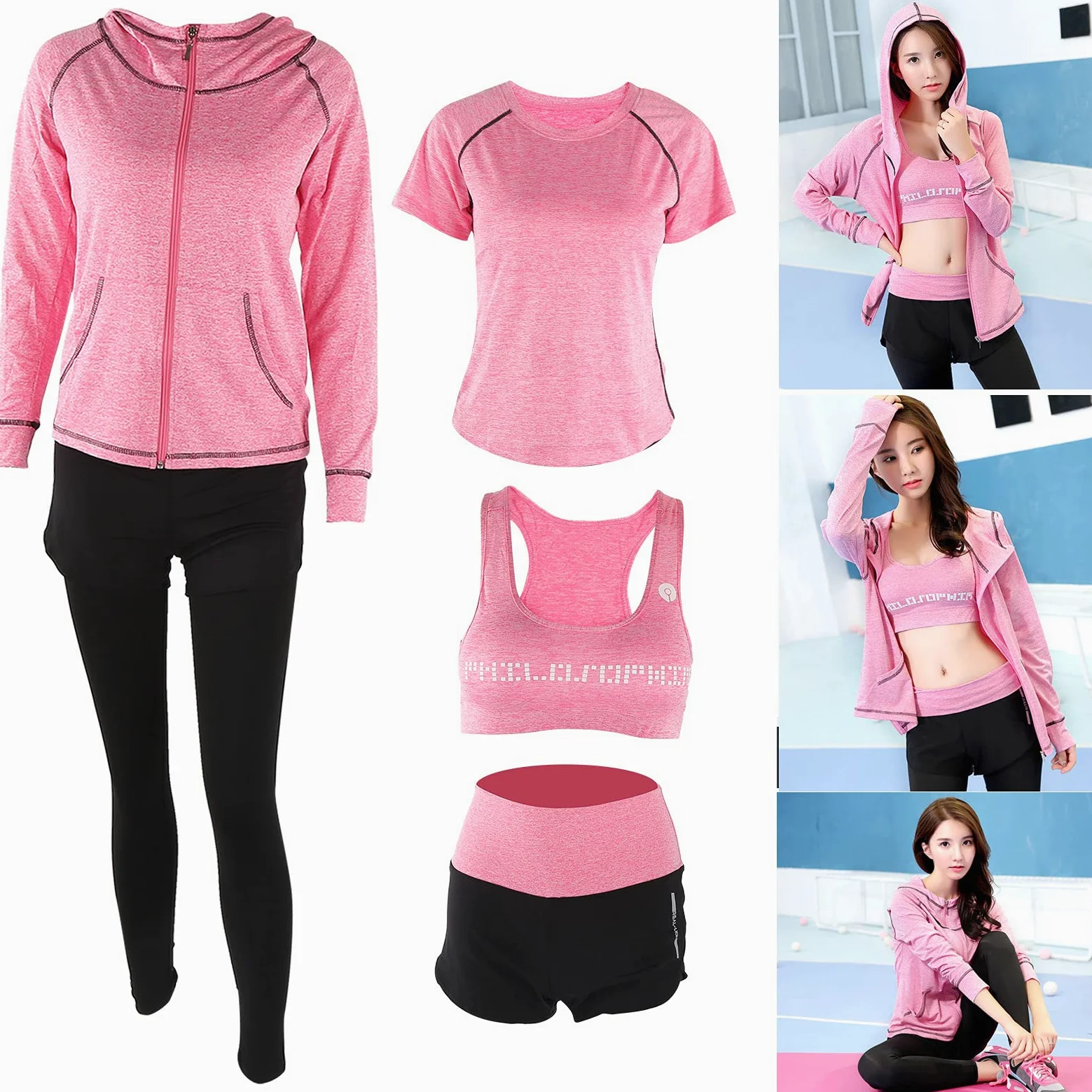 Conjunto de yoga para mujer de 5 piezas, conjunto de ropa deportiva para gimnasio, top de manga larga, mallas, shorts, sujetador y chaqueta; traje de yoga elástico de secado rápido
