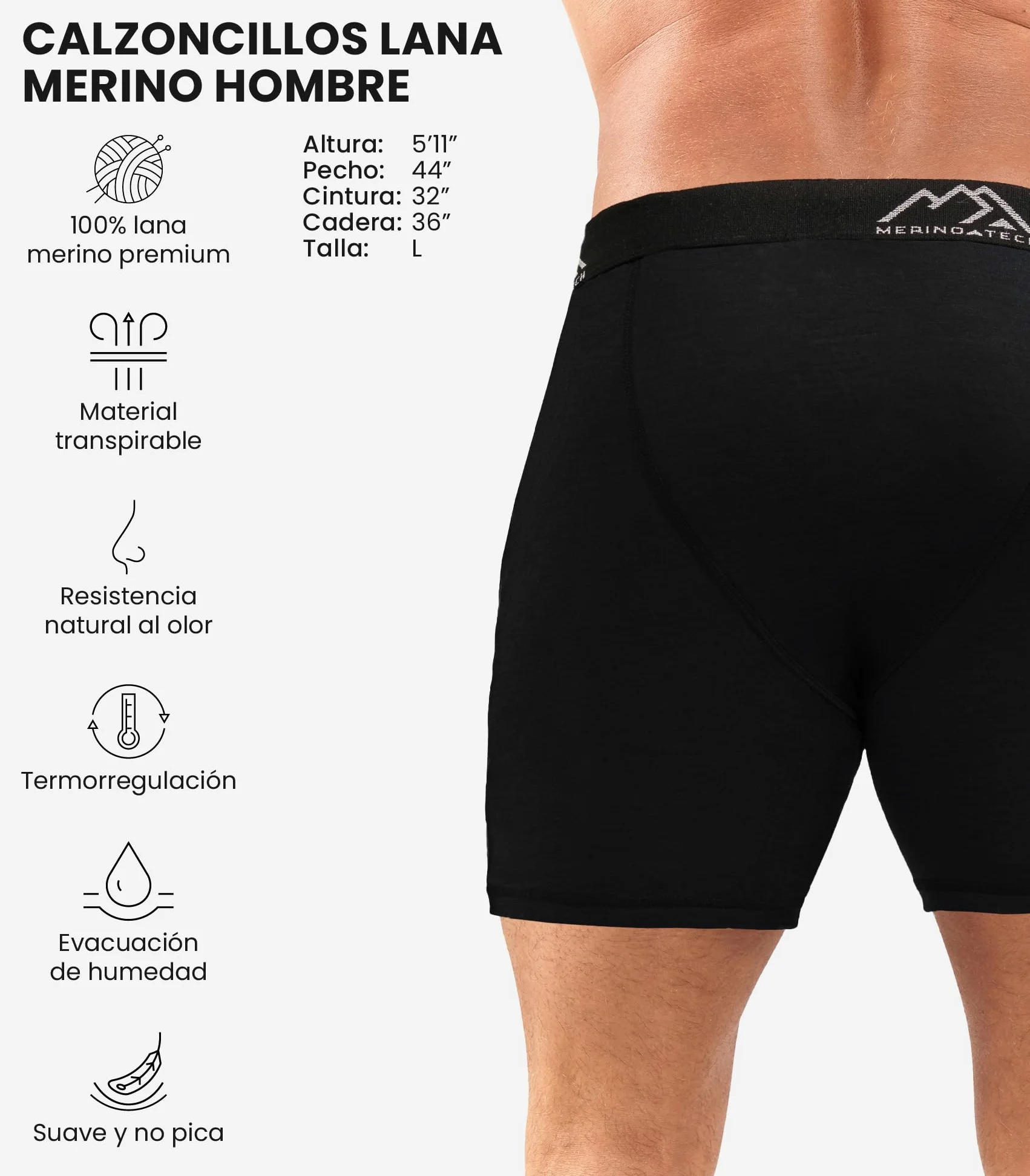 Merino.tech Calzoncillos Lana Merino Hombre - Boxer (L, P2 - Black) | Cintura elástica, sin rozaduras en entrepierna, transpirables, uso diario