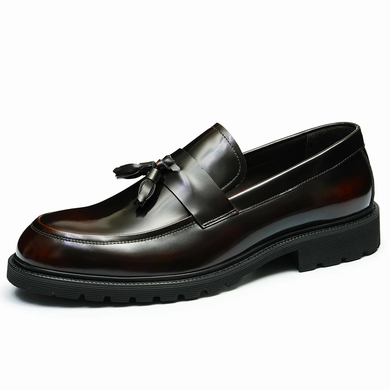 Loafers Cómodos Suela Gruesa y Borlas para Hombre Mocasines Formales Slip On Zapatos Bajos de Vestir Casuales en Cuero