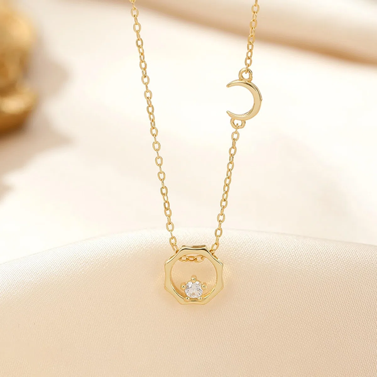 Collar de oro de 14 quilates para mujer, collar de oro amarillo de 9 quilates, 14 quilates, 18 quilates con sol y luna, cadena Rolo: 40 + 5 cm