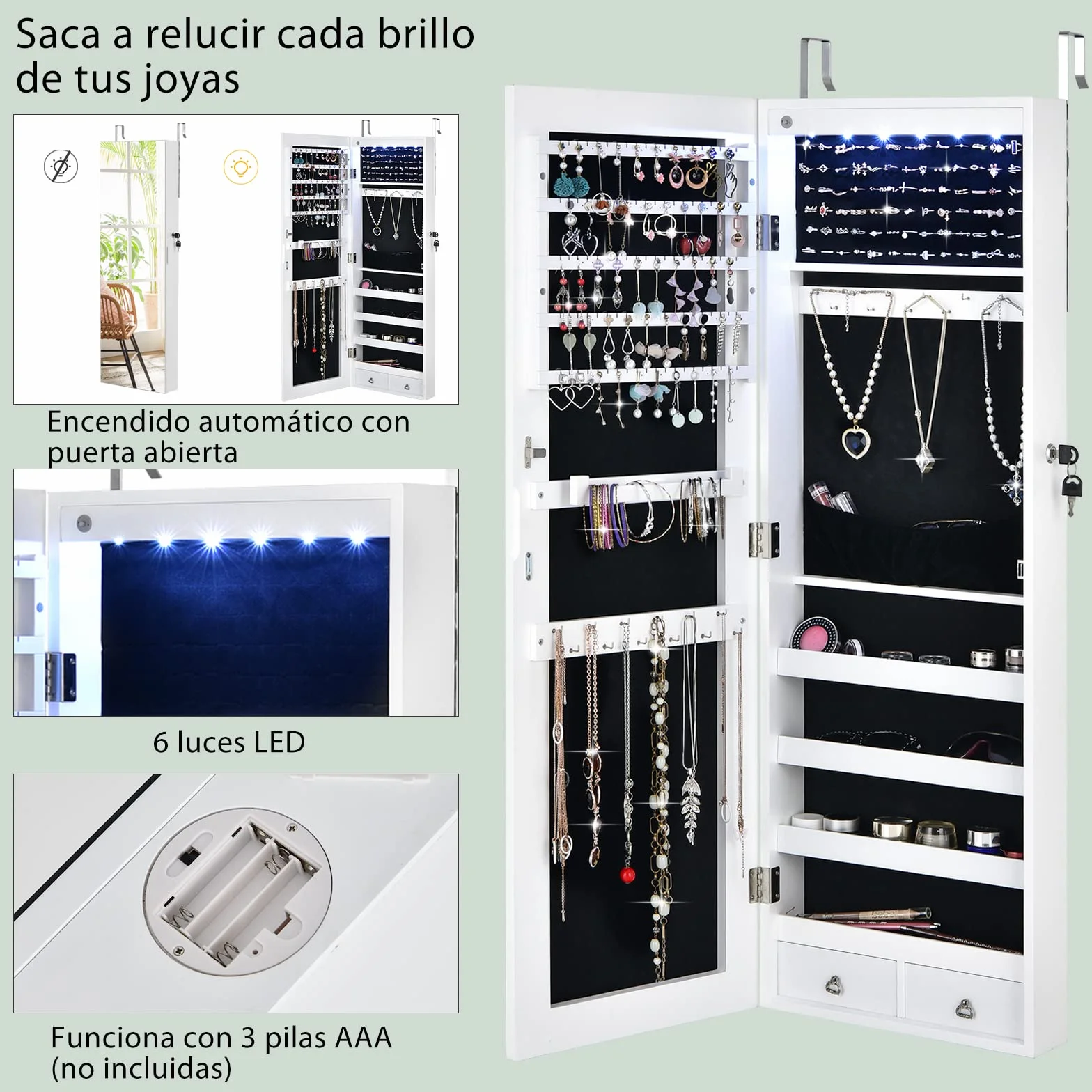 COSTWAY Armario con Espejo Joyero, Puerta LED y 2 Cajones, Cuerpo Entero para Dormitorio (Blanco)