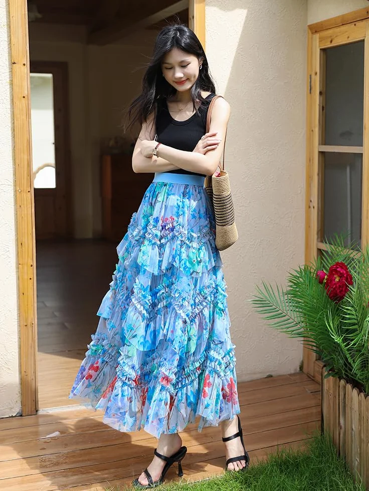 Faldas Mujer, Skirts Tul en Capas Mujer Falda Princesa Floral Cintura Alta Falda Interior Irregular Corte Estilo Informal Básica Salir A la Playa Y Vacaciones.