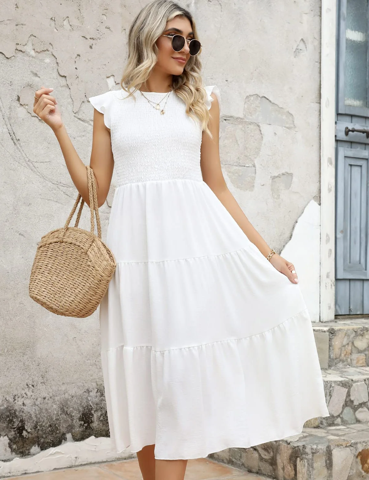 Yuson Mujer Vestido Largo Verano Cuello Redondo Manga Volante Elegante hasta la Rodilla Playa Elástico Casual