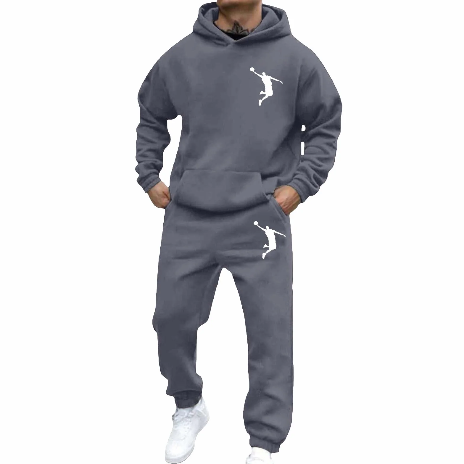 Conjunto de sudadera y pantalón con capucha con estampado clásico para hombre otoño e invierno suelto y cómodo