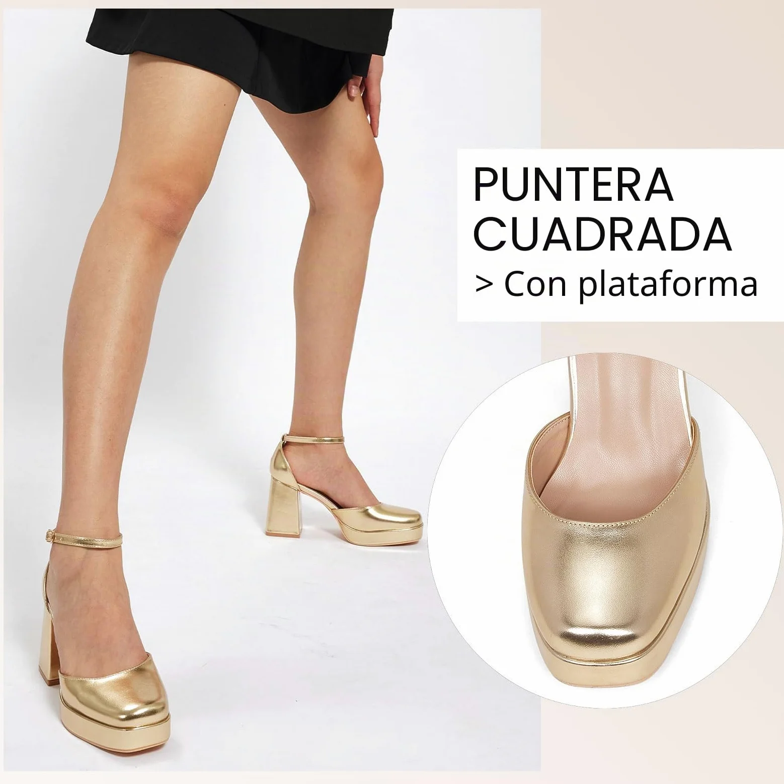 GENSHUO Zapatos de Tacón de Plataforma Gruesos para Mujer Tacones de Punta Cuadrada Cerrados de 10 CM con Vestido con Correa en el Tobillo Zapatos de Fiesta de Boda