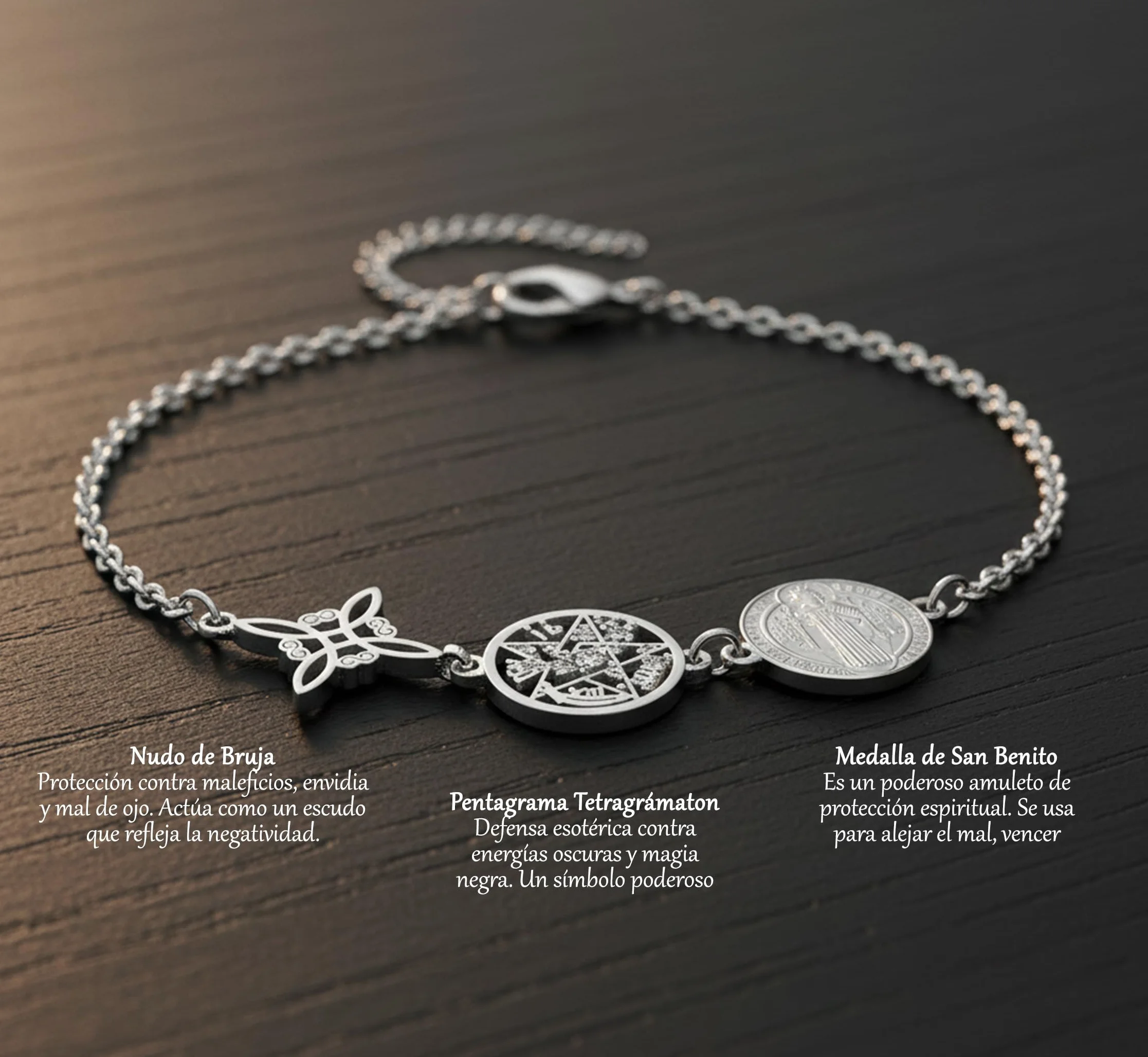 Pulsera Triple Protección Acero Inoxidable 316L 17cm Ajustable Amuleto Esotérico Dorado y Plateado