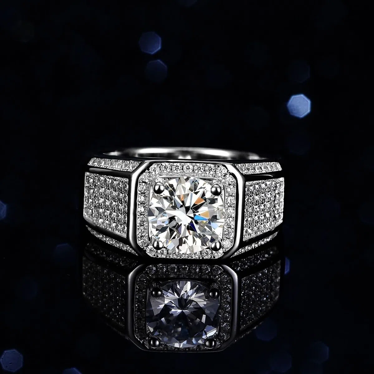 Anillo para hombre de plata de ley de 6 dientes redondo con moissanite de 2 quilates, plata de ley 9 K, oro blanco de 9 quilates, talla 53 (16,9)