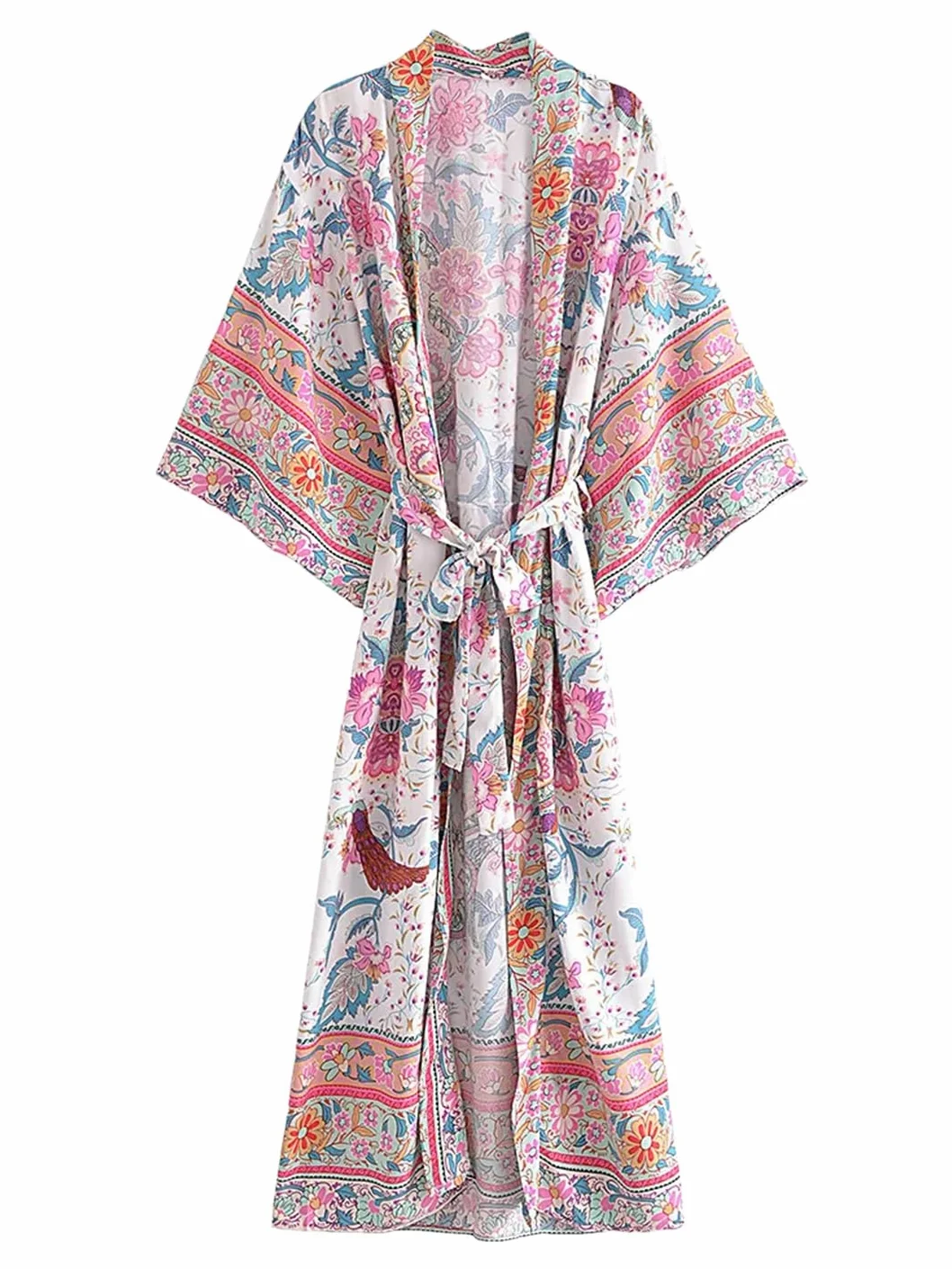 Disimlarl Kimono bohemio con estampado de manga murciélago para mujer, cuello en V, borla, manga larga, para cubrir el bikini