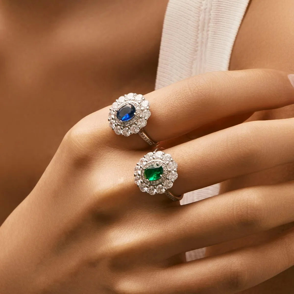 Anillos de boda de oro blanco, anillos para mujer, dedo medio, ovalado, con esmeralda fabricada en laboratorio
