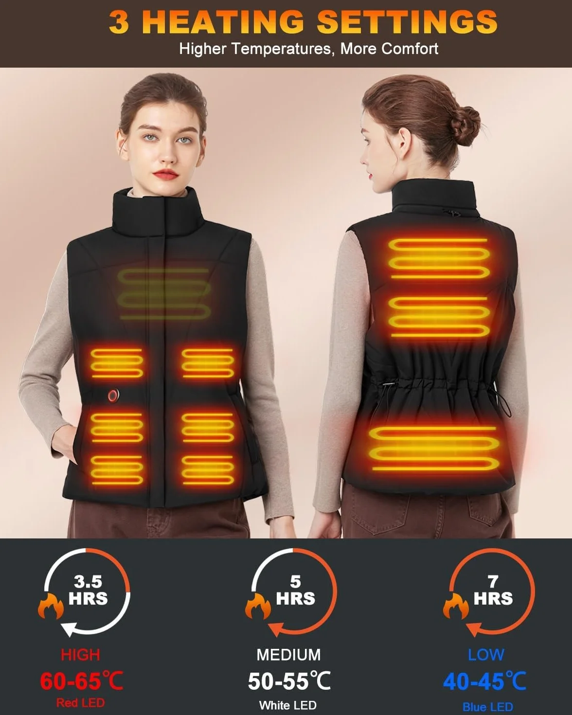 Chaleco Calefactable Mujer 10000 mAh 3 Niveles de Temperatura Batería