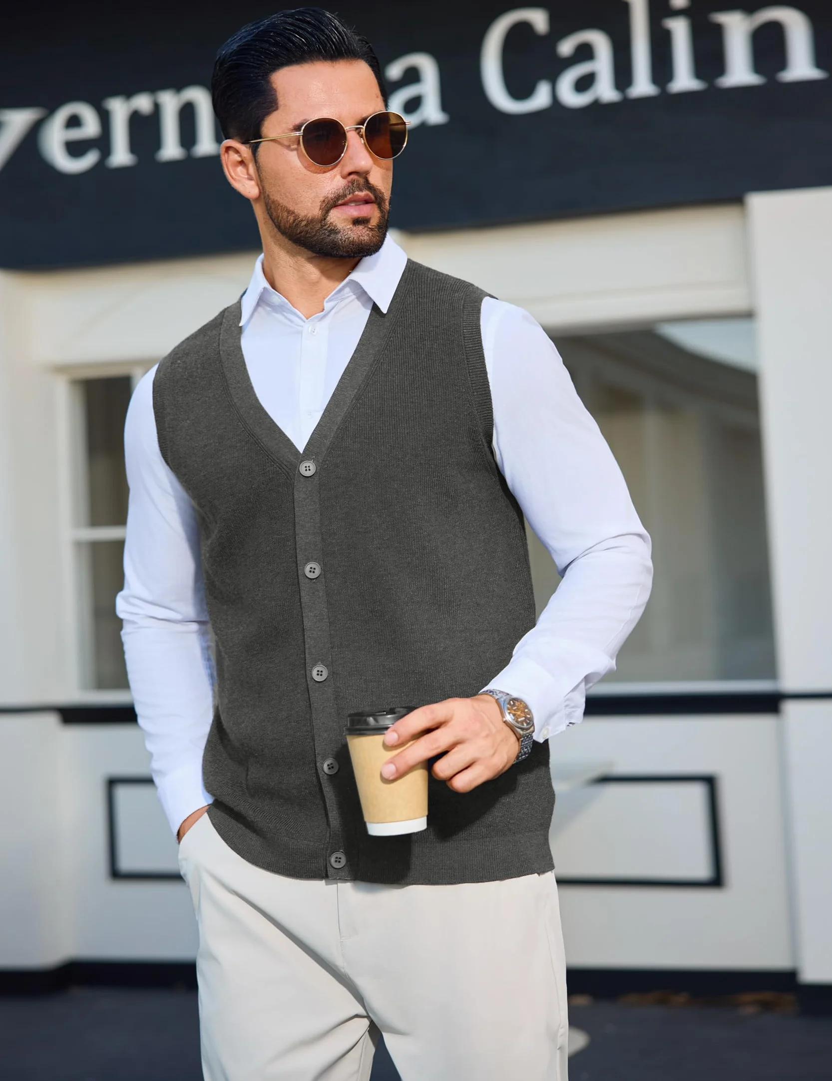 Sykooria Chaleco de Punto con Cuello en V Sin Mangas para Hombre Suéter Tejido Ligero y Elegante con Botones S-XXL