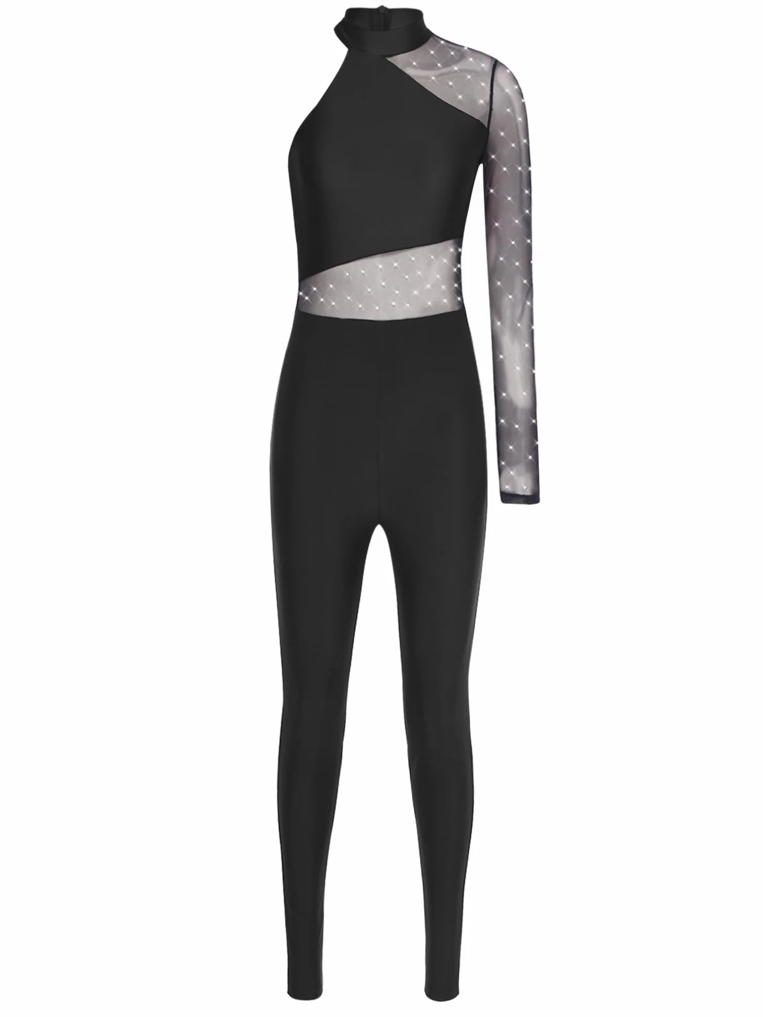 Agoky Maillot de Danza Ballet Mujer Mono Manga Larga con Pedrería Brillante Jumpsuit Deportivo
