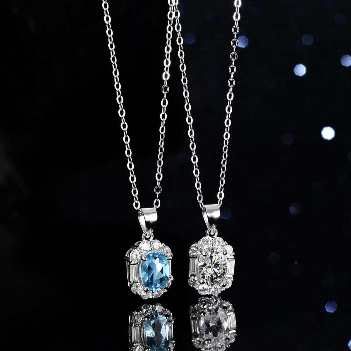 Collares de topacio con halo ovalado de moissanita para mujer, collares de gemas para mujer, moissanita