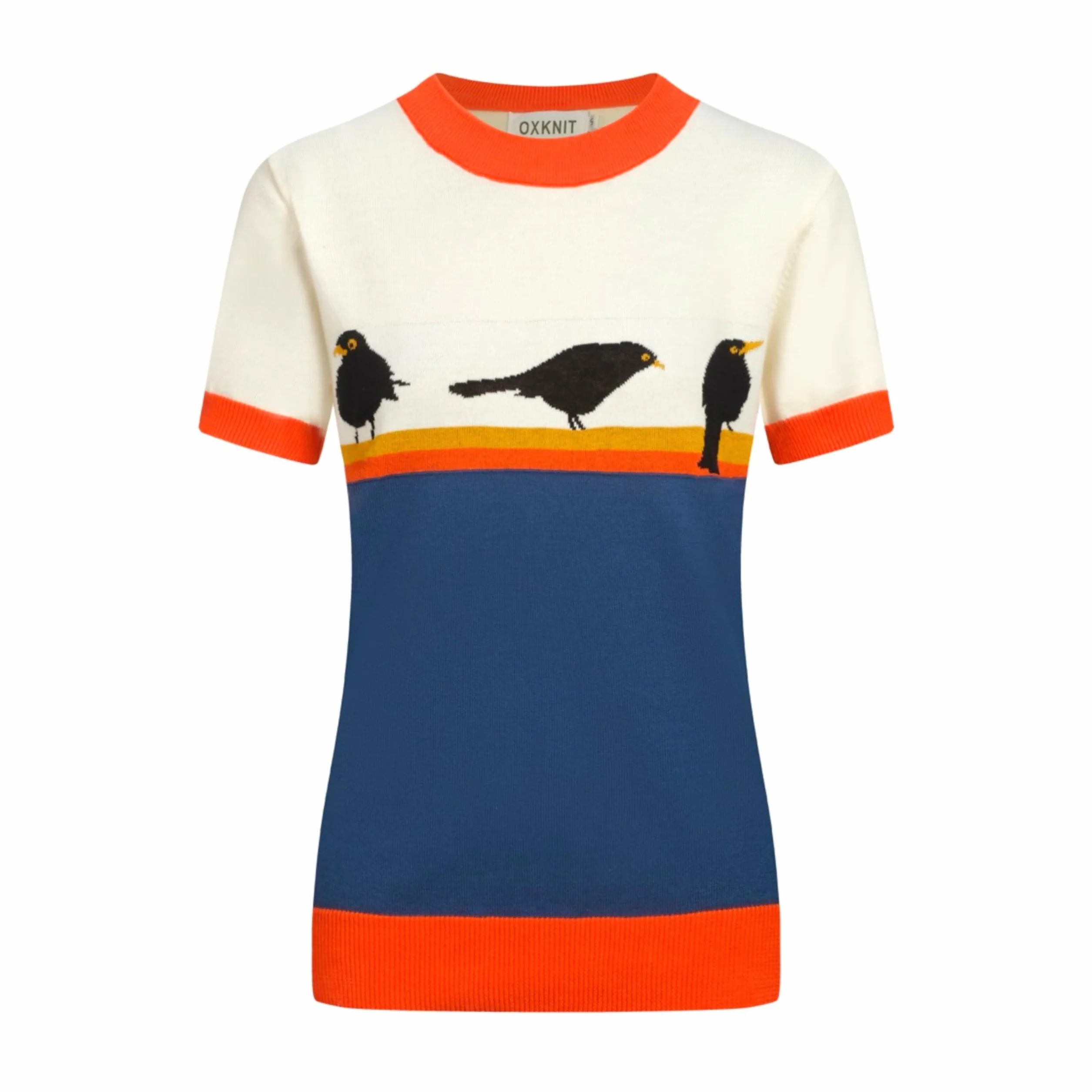 OXKNIT Camiseta de manga corta para mujer, color a juego, diseño de pájaro dulce a rayas de punto de algodón