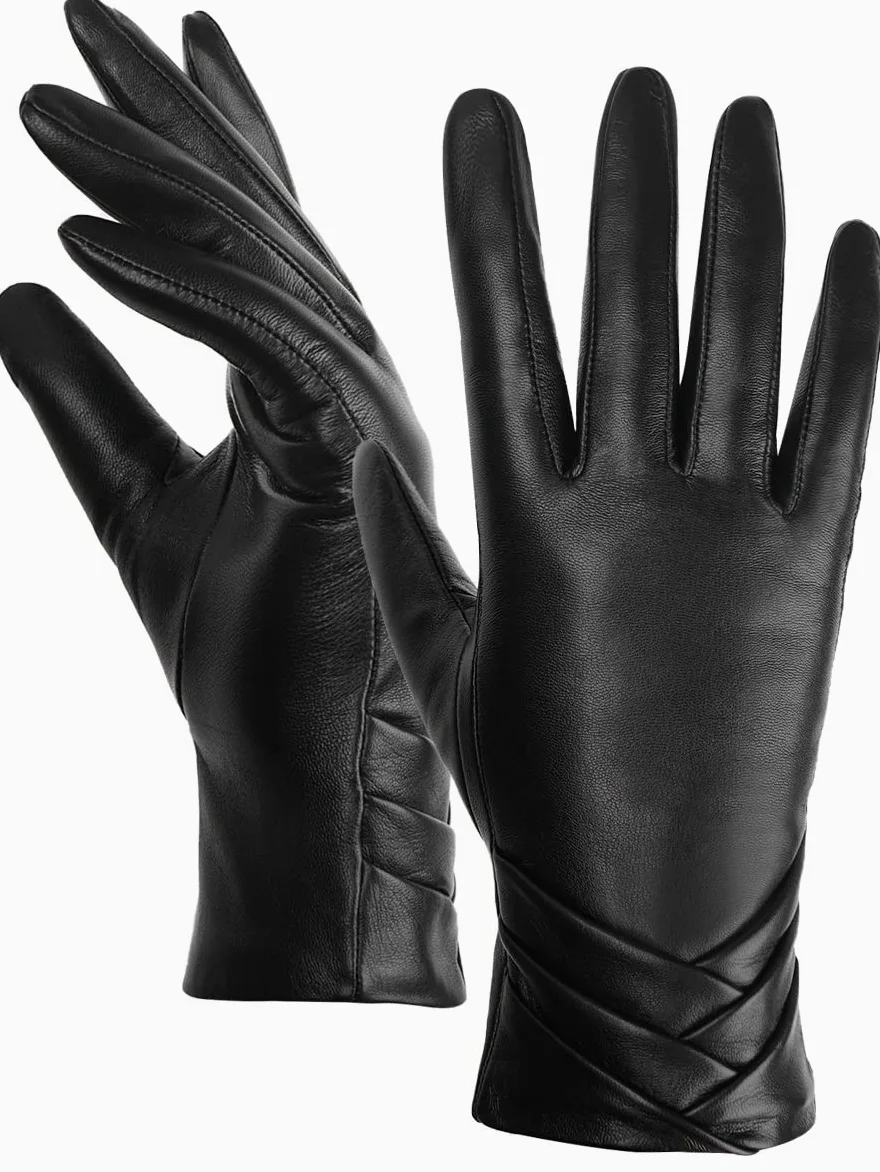 GSG SINCE 1998 Guantes de Mujer en Cuero Genuino | Guantes Táctiles y Cálidos con Forro de Lana o Imitación de Piel, Puños Fruncidos, Ideales para Conducir y