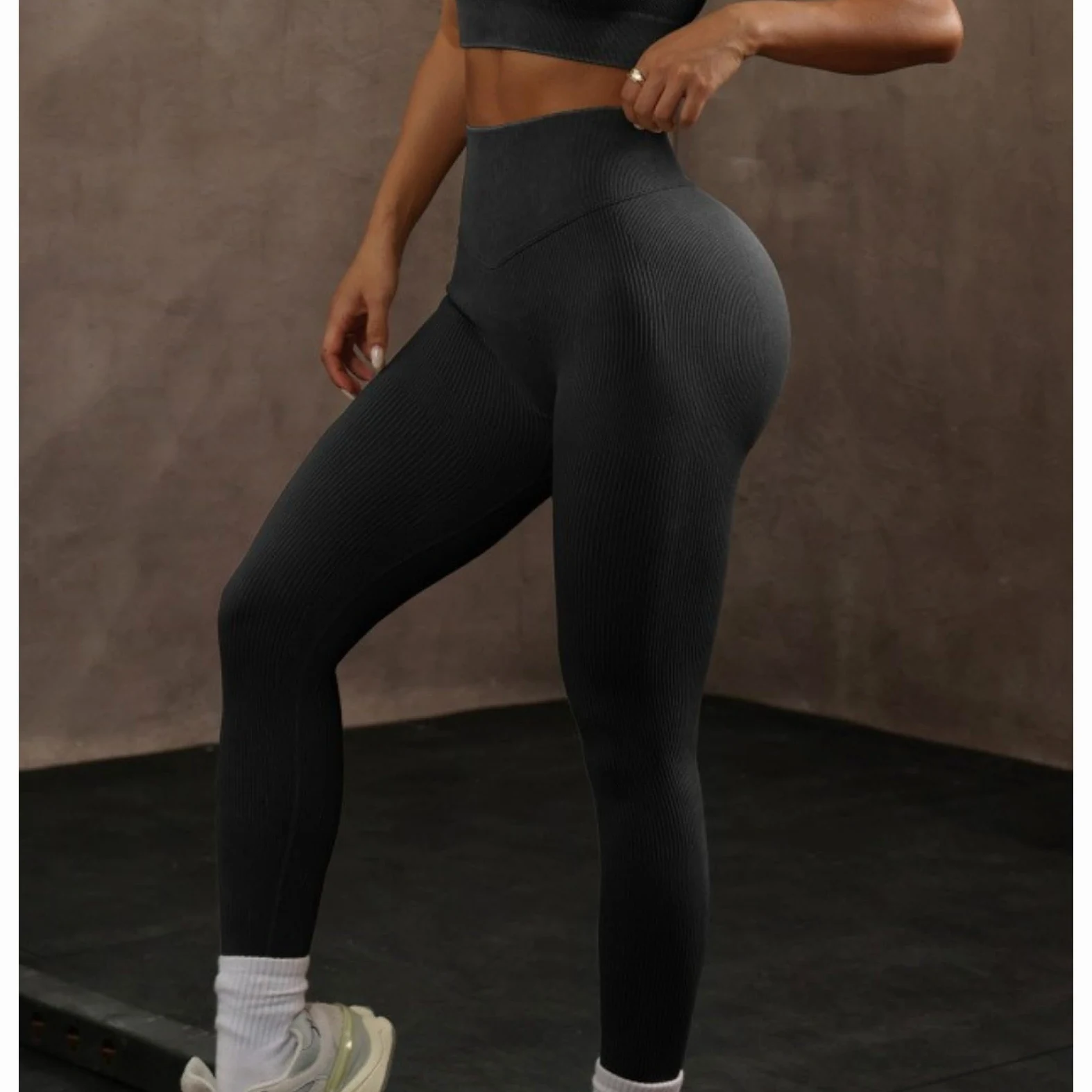 KIRYU Conjunto de ropa deportiva acanalada sin costuras de 2 piezas para mujer, camiseta corta de manga corta y leggings de cintura alta, gimnasio, yoga, entrenamiento