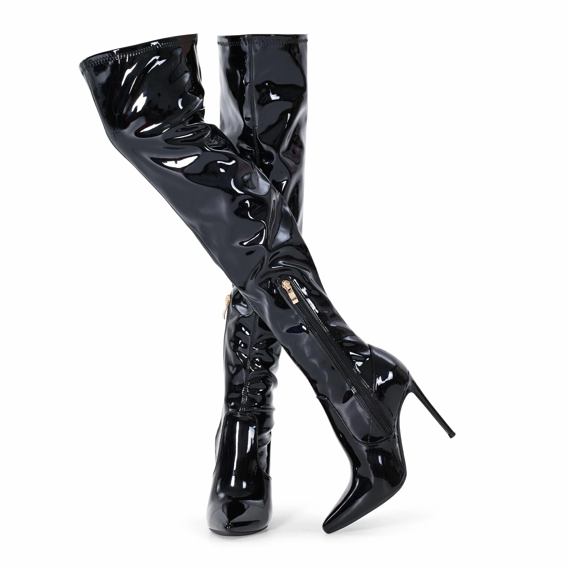 GENSHUO Botas por encima de la rodilla para mujer con tacón de ante botas altas para el muslo, zapatos de tacón largo y sexy con punta puntiaguda, Charol de cuero negro, 38 EU