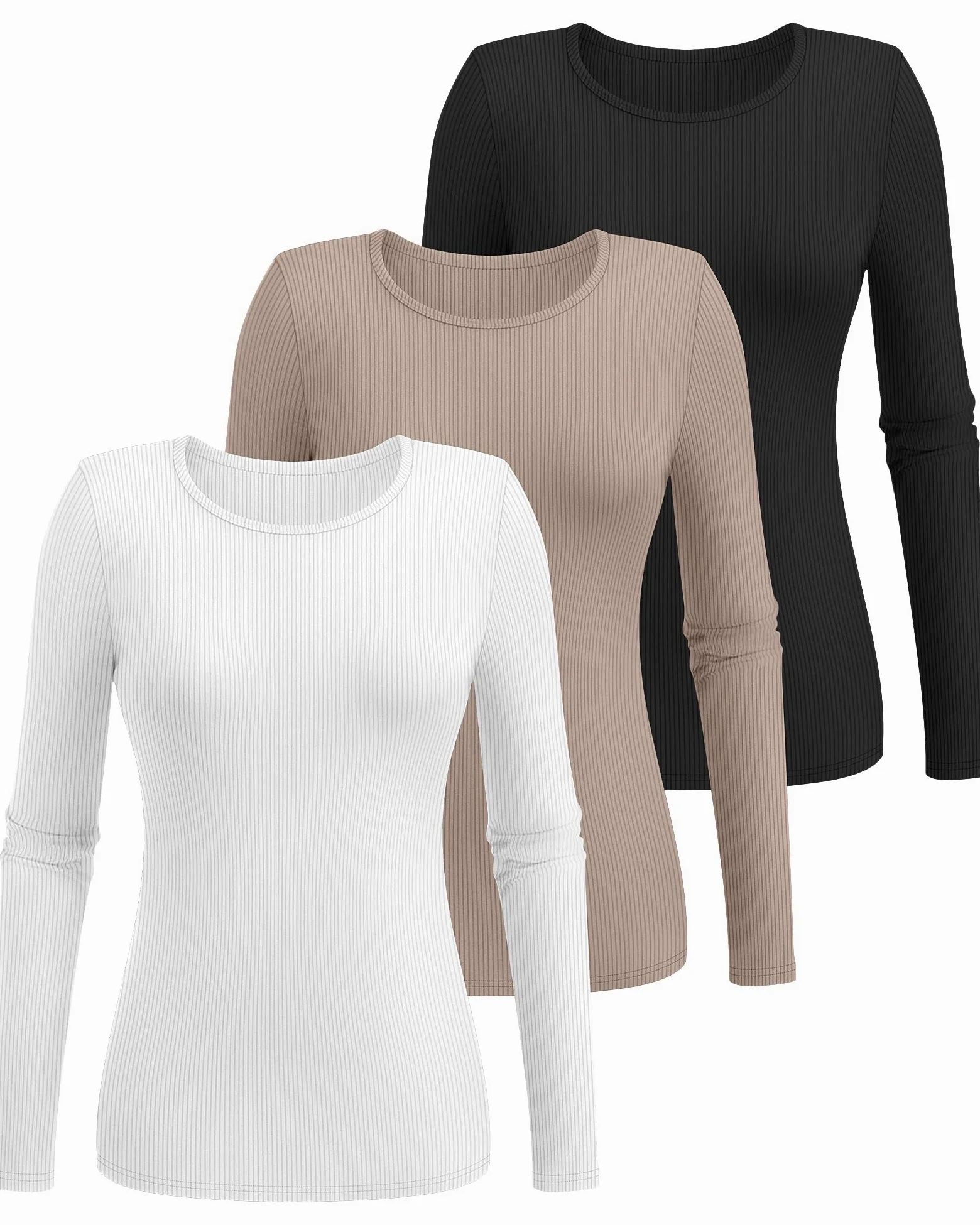 Ficerd Paquete de 3 Camisetas Interiores Elásticas de Manga Larga con Cuello Redondo y Tejido Acanalado para Mujer | Camiseta interior de cuello redondo, ajustada, básica de punto, casual de verano, camiseta elástica en capas