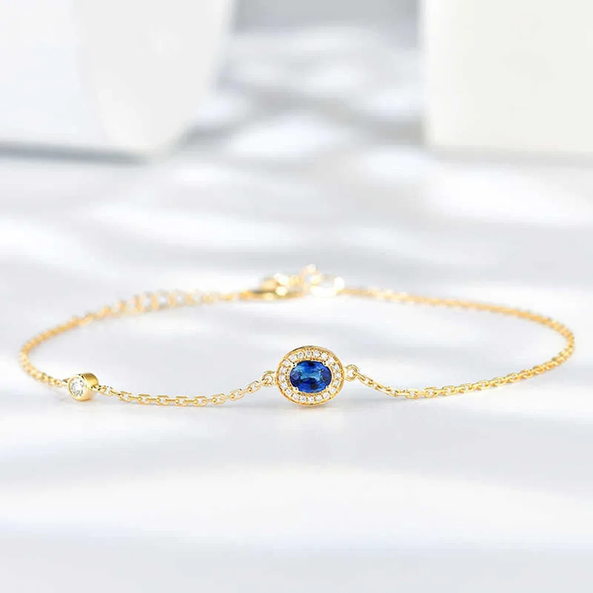 Pulseras Mujer de Oro Amarillo 9K / 14K / 18K, Oval con Zafiro y Diamante, Cadena Extensible 16 CM + 5 CM, Pulsera de Oro Azul Mujer