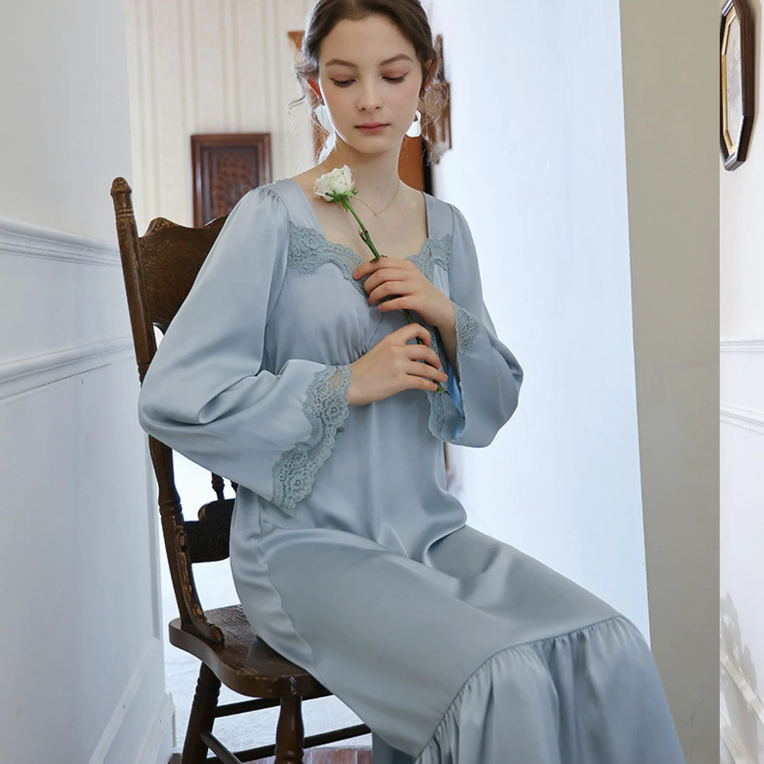 OFFSUM Camisón De Pijama De Mujer - Sexy Encaje Cuello Cuadrado Camisón Vintage Elegante Estilo Palaciego Camisón Primavera Verano Satén Ropa De Dormir Vestido Ropa