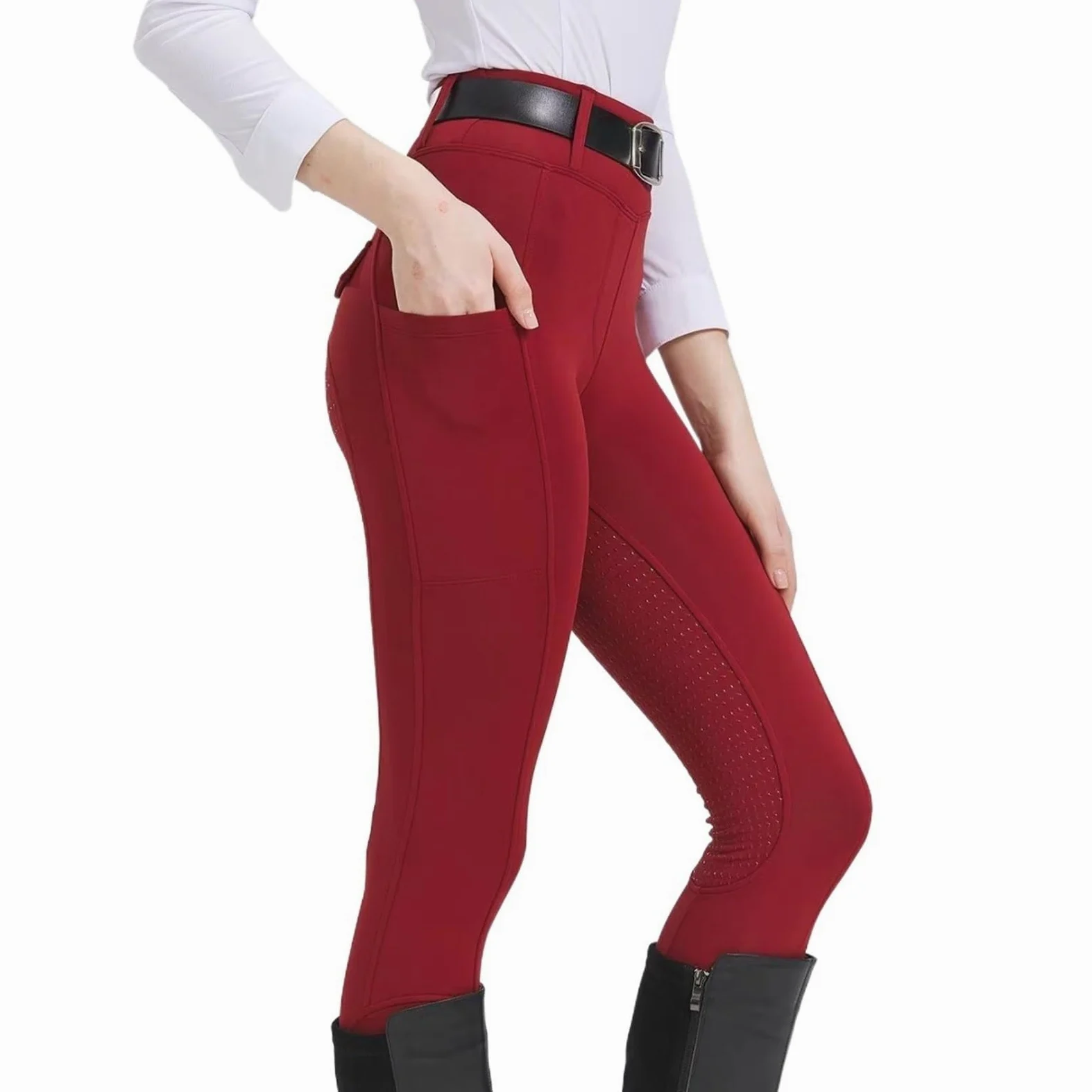 Mallas De Equitación For Mujer, Con Parche En La Rodilla, Pantalones, Entrenamiento Bolsillos Para Montar(L (55-60kg))