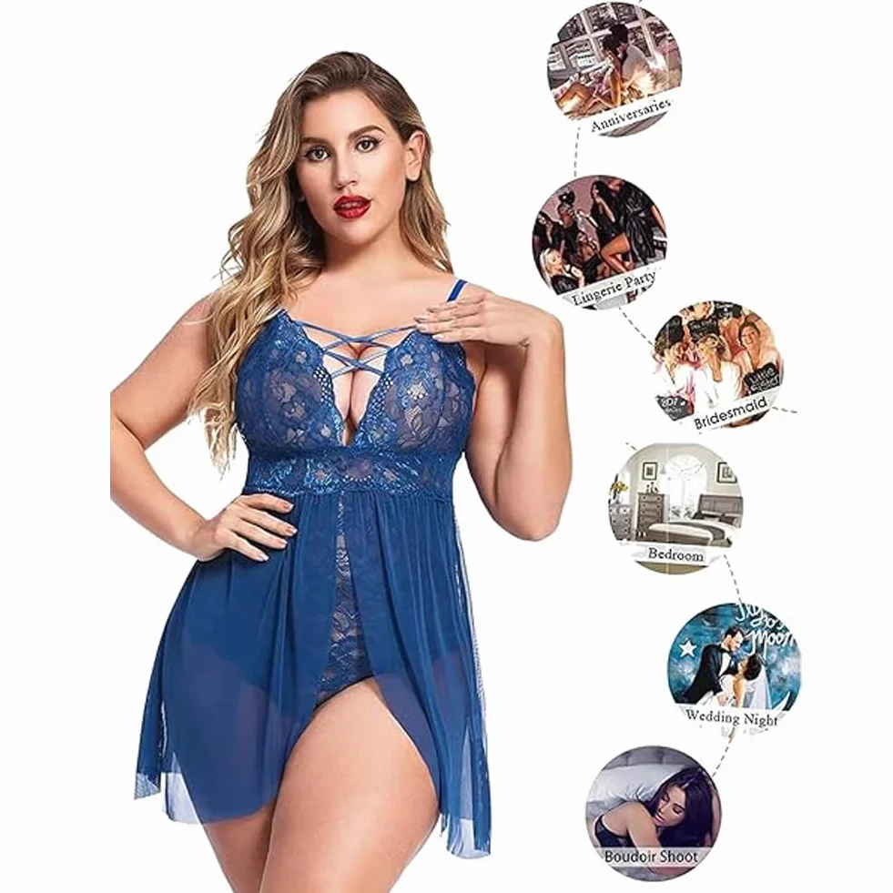 XHYRHTS Babydoll de lencería Sexy de Talla Grande para Mujer, camisón de Encaje, Ropa Interior de negligé, Ropa de Dormir de una Pieza, camisón para Mujer