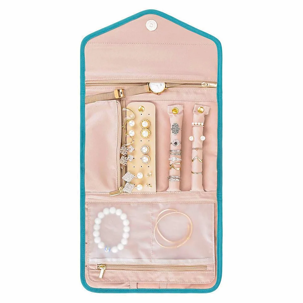 Rollos de Joyas para Viajes Organizador de Joyas de Viaje Plegable Estuche de Almacenamiento Bolsa para Anillos Pendientes Collares Pulseras (Verde)
