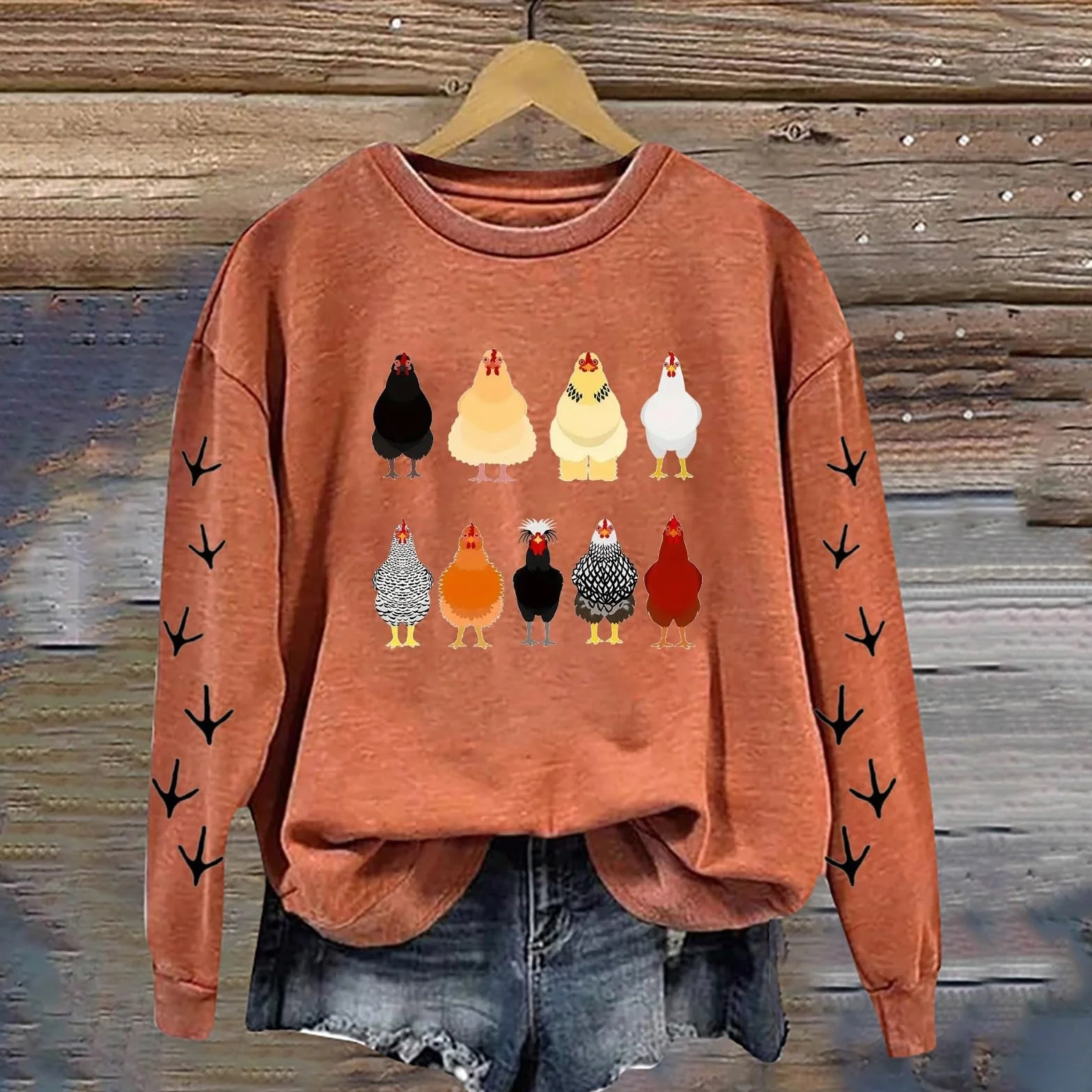 Jersey para mujer, algodón, manga larga, sin capucha, con estampado de pollo, holgado, cómodo para otoño, invierno, informal, deporte, ropa de calle, ocio, uso diario