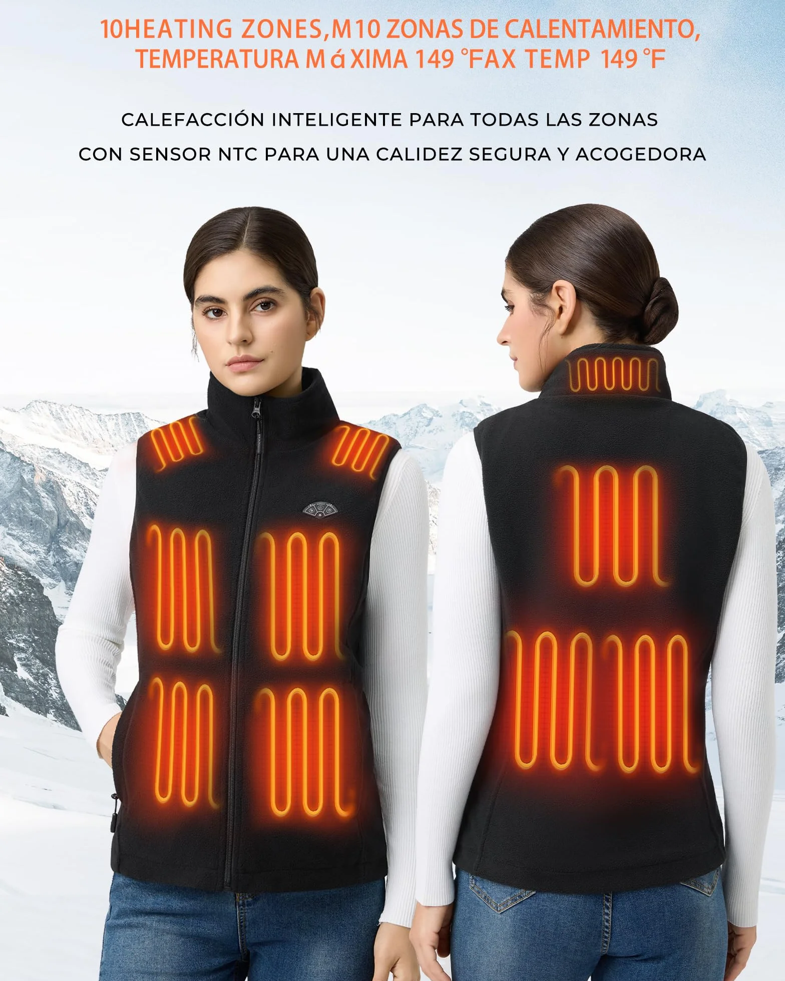 Topdot Polar Chaleco Calefactable Mujer, 7.4V 16000mAh, 10 Zonas Calentamiento, 3 Temperaturas, Forro Lana