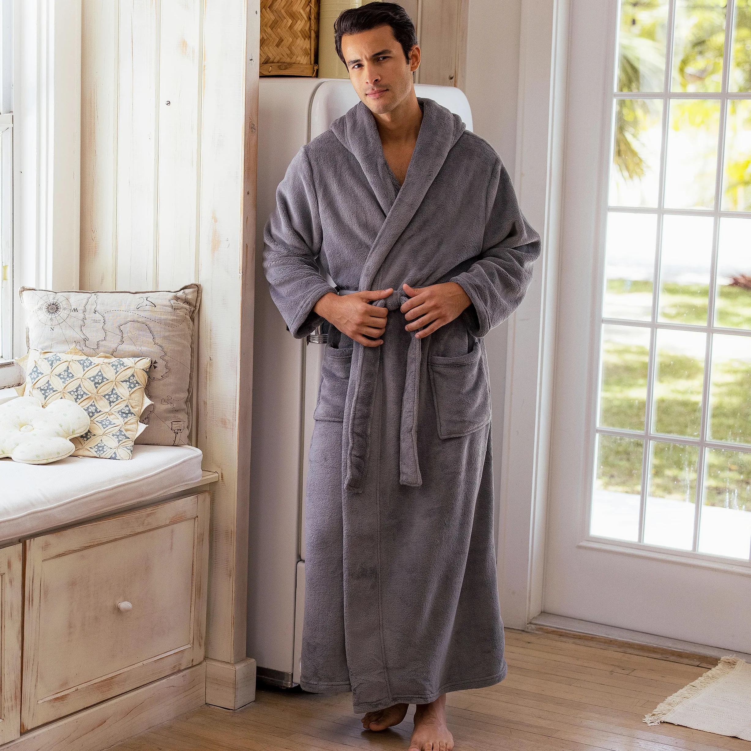 Alexander Del Rossa Bata de felpa para hombre con capucha, batas grandes y altas para hombre, bata de forro polar sherpa para hombre