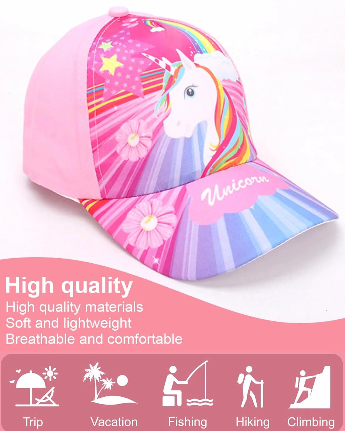 Gorra de Béisbol para Niñas Gorra de Camionero para Niños Gorras Ajustables con Visera de Sirena, Unicornio Rosa Colorido