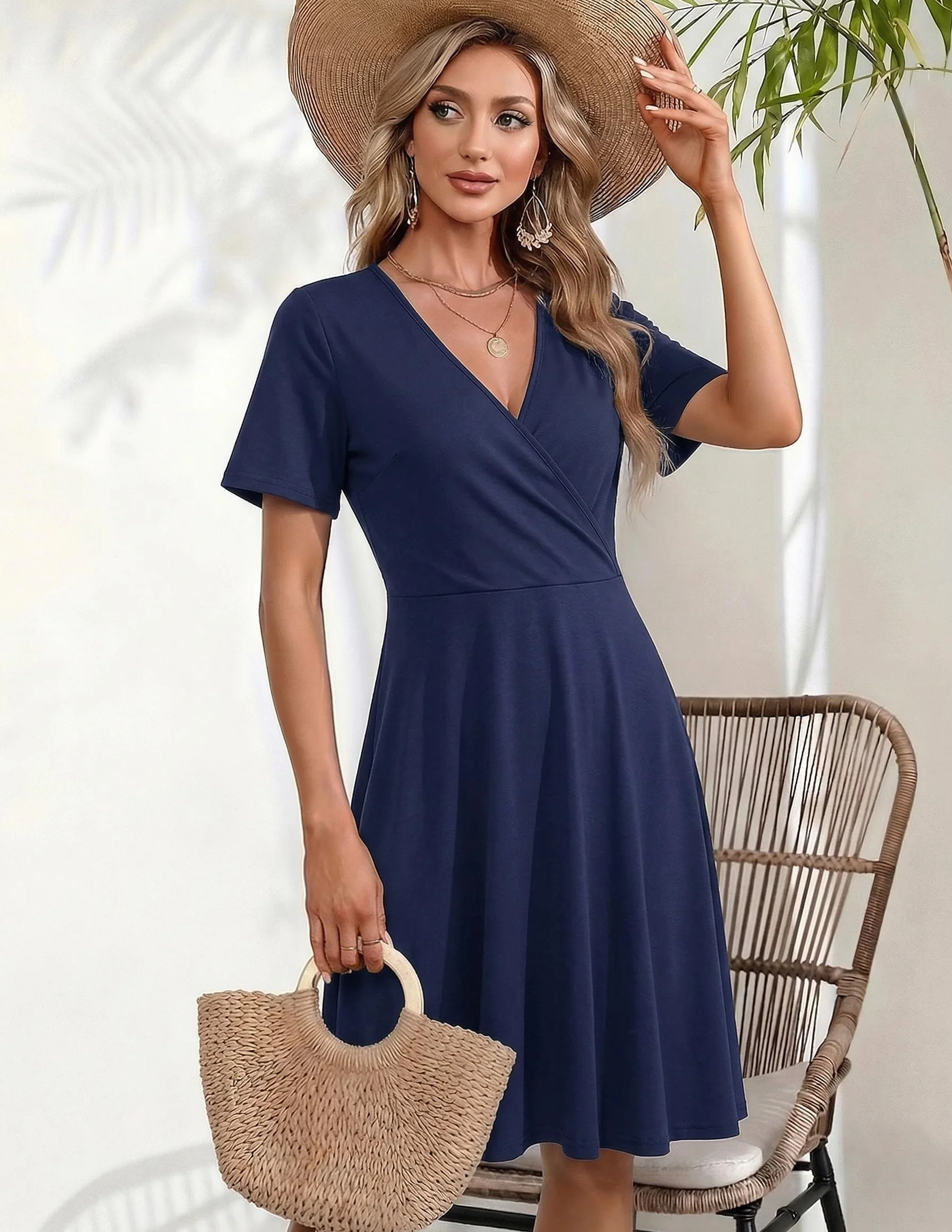 Zeagoo Vestido de verano para mujer cuello de pico manga corta estampado floral con bolsillos volantes mangas envolventes S-XXL