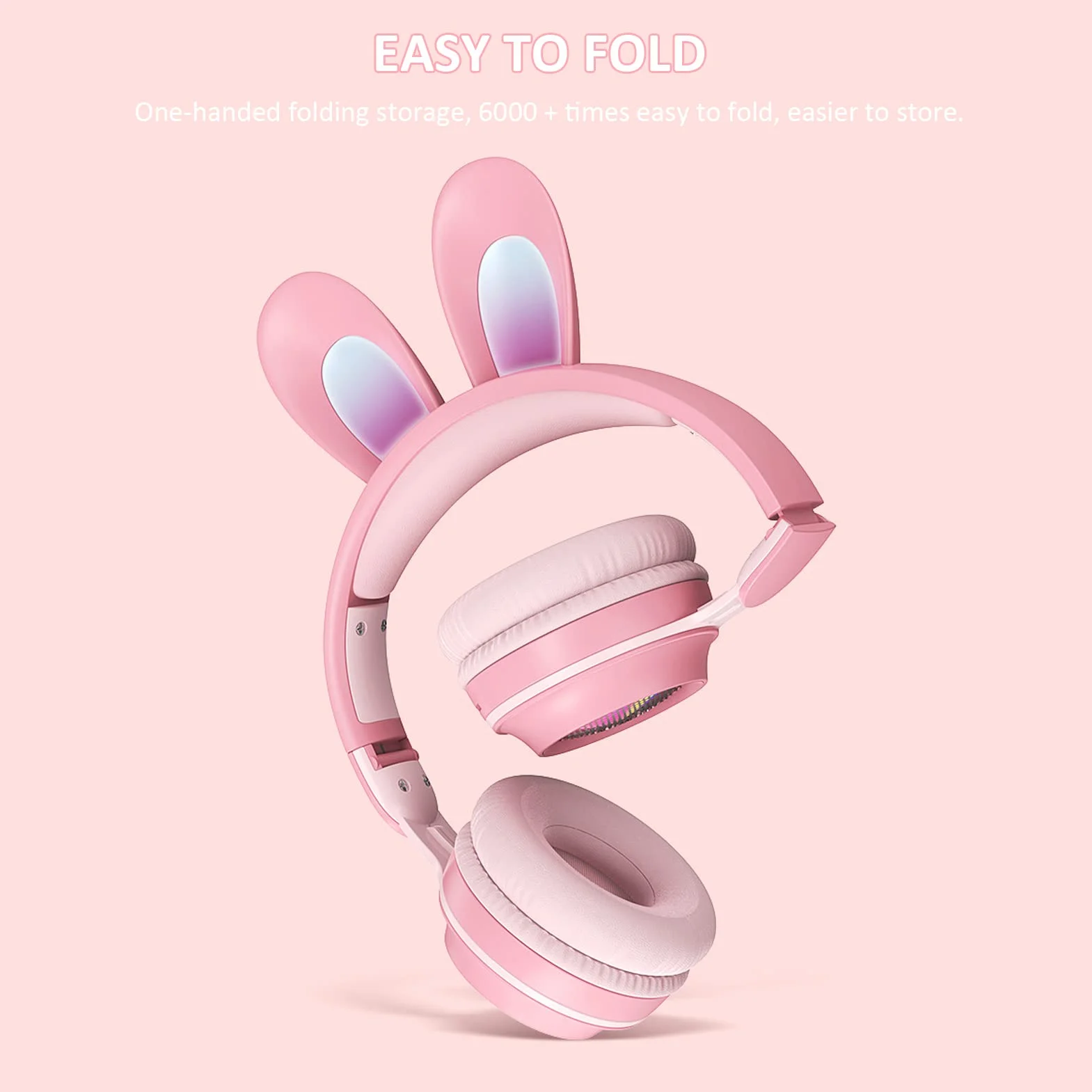 Auriculares para Niños, Auriculares Bluetooth 5.0 con Oreja de Conejo, Auriculares Inalámbricos Plegables con Luz LED sobre la Oreja, Soporte TF/AUX, Regalos para Niños, Niños Pequeños,(Rosado)