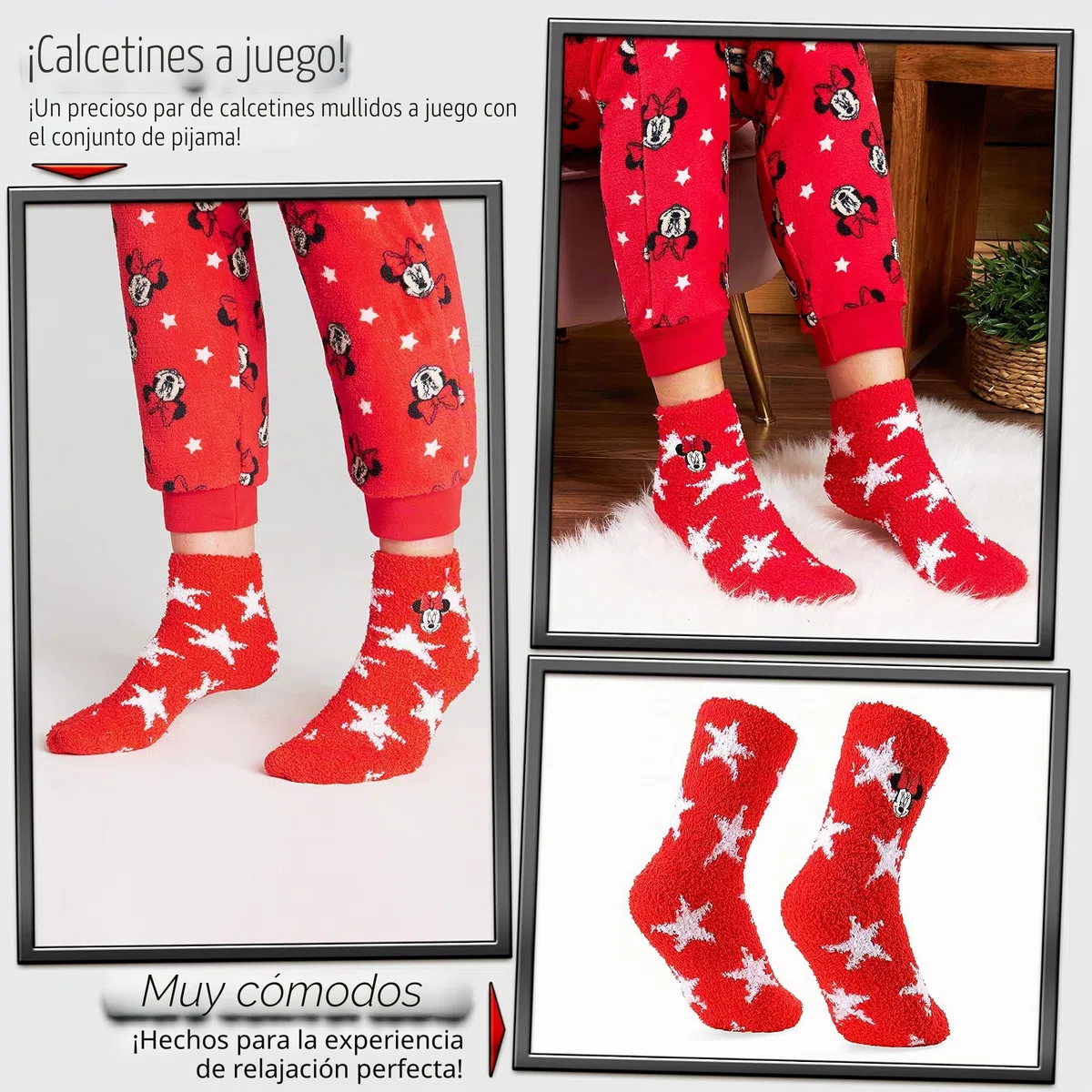 Disney Pijama Mujer Invierno de Polar con Calcetines Stitch Mickey Minnie Baby Yoda (Blanco/Rojo Minnie, S), 8691