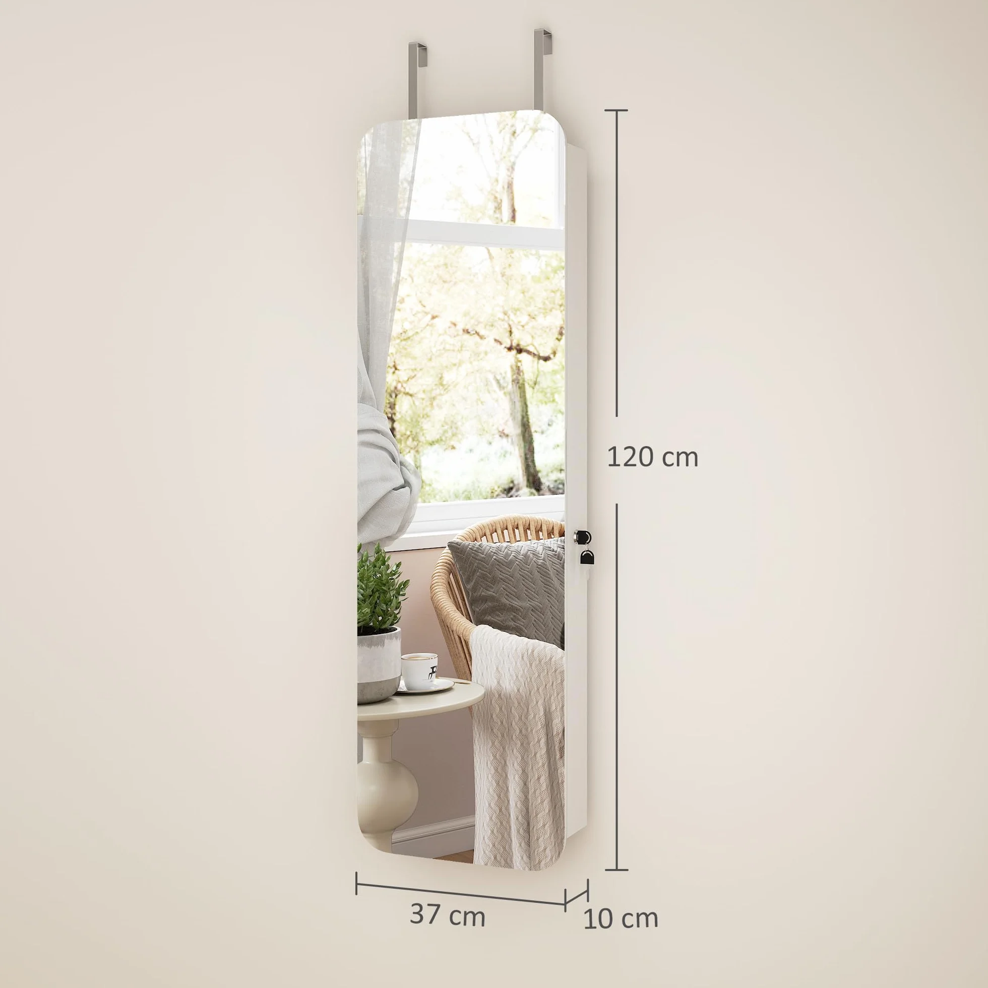 HOMCOM Espejo Joyero con Luz LED, Armario Joyero Montado en la Pared o en la Puerta, Armario para Joyas con Cerradura, Espejo Entero sin Marco, 2 Cajones, para Regalo, 37x10x120 cm, Blanco