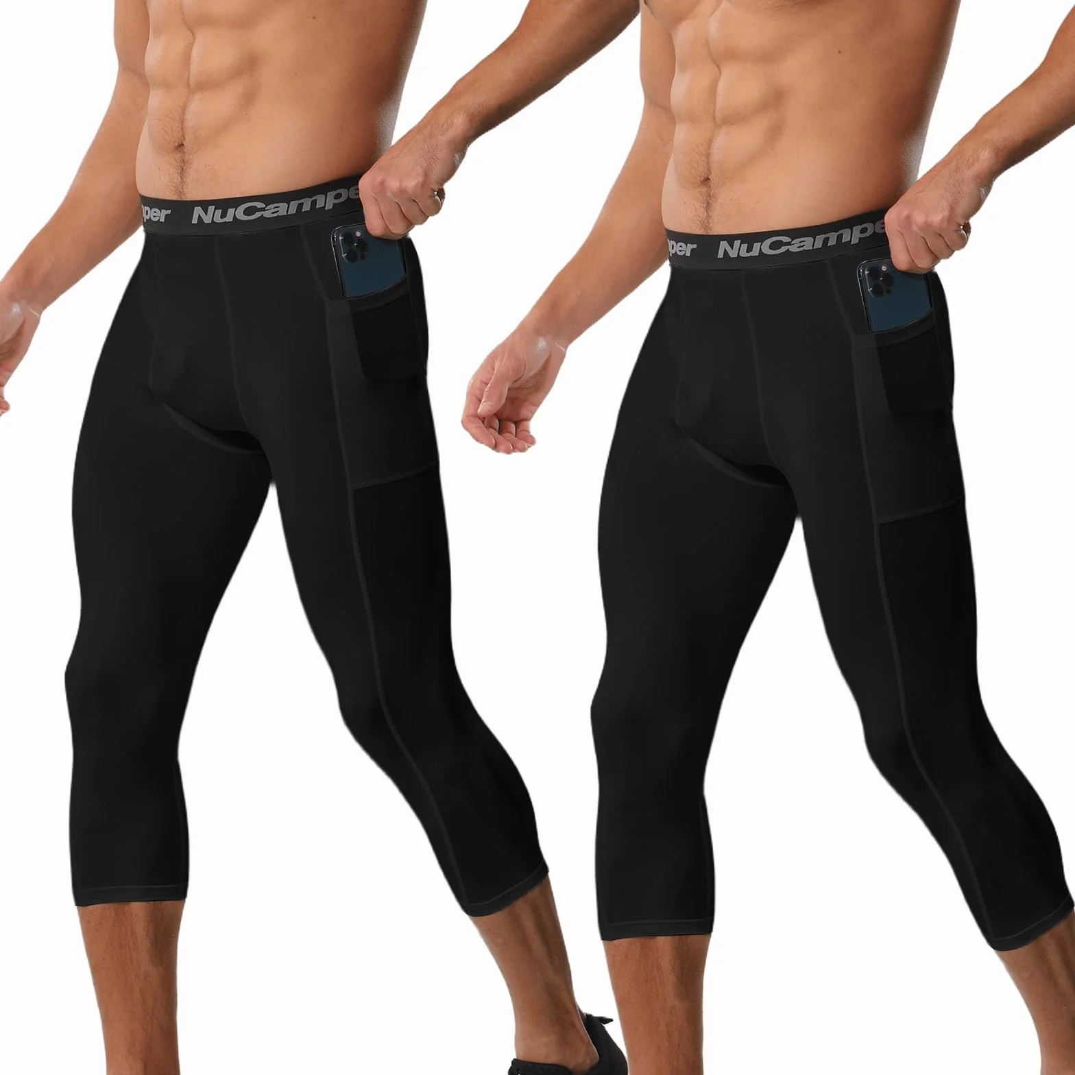 NuCamper Pantalones de Compresión Hombre 3/4 Leggings con Bolsillo Secado Rápido Gimnasio