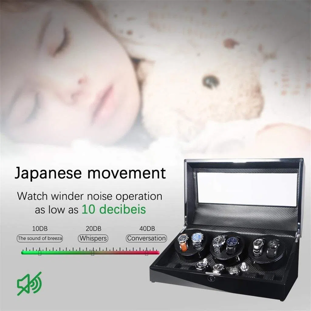 Caja automática para 6 + 7 relojes de piel sintética, colección de almacenamiento con pantalla silenciosa, motor silencioso con luz LED