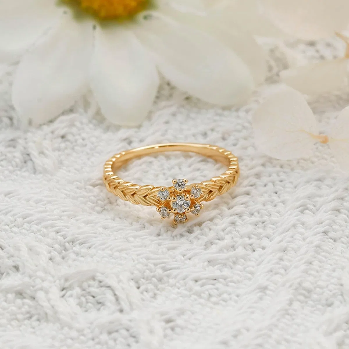 Alianzas de oro amarillo de 9 K/14 K/18 K con moissanita, dientes de trigo, flores, anillos de pareja