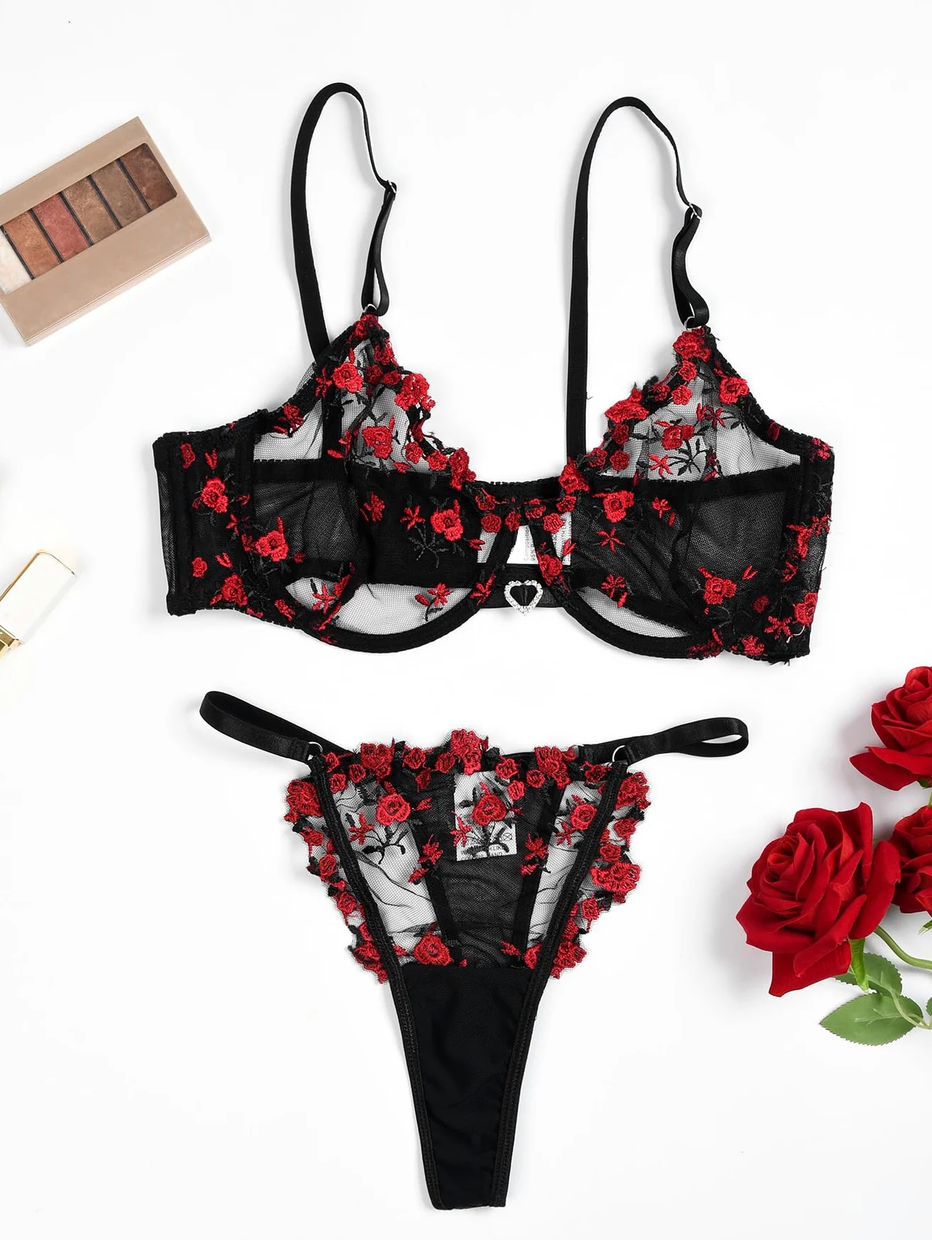 Conjuntos de lencería Sexy con Aros y Bordado Floral para Mujer, 2 Piezas con Sujetador de Malla Transparente y Panty de Cintura Alta, Ropa de Dormir Transparente con realce, Ropa Interior con Correa