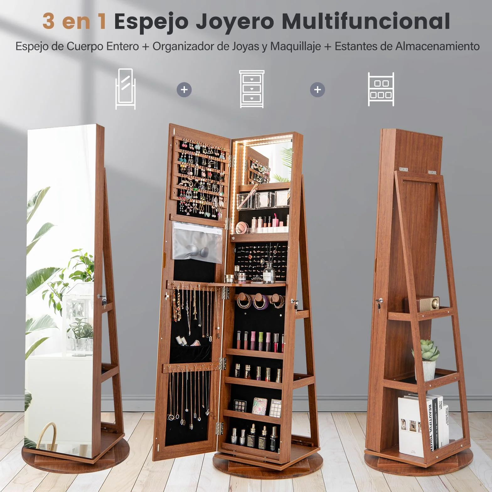 RELAX4LIFE Armario para joyas 3 en 1 con espejo LED giratorio 360° y 3 estantes (marrón)