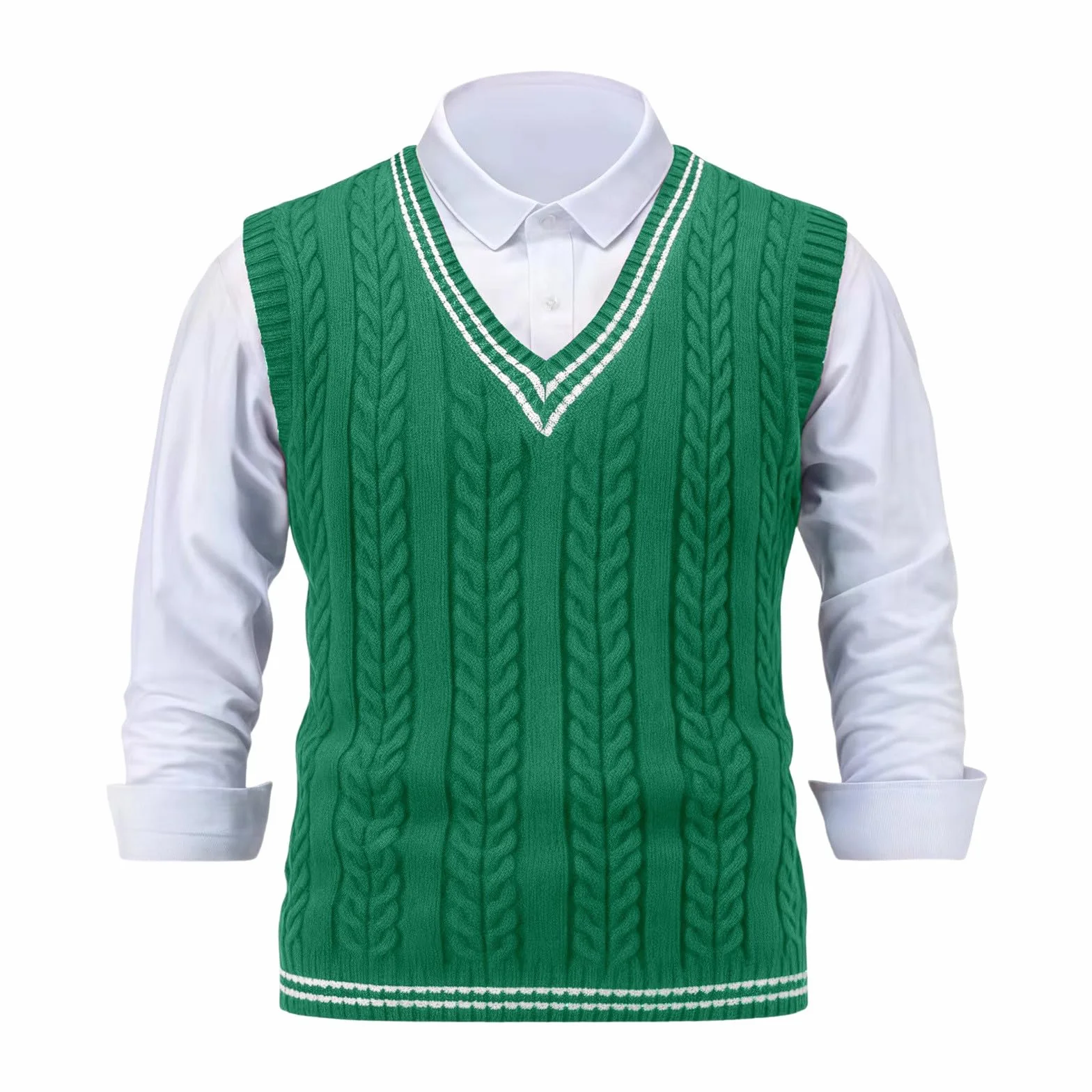 2025 Chaleco de suéter para hombre, ajuste estrecho, casual, tejido, sin mangas, cálido, para el invierno, en capas, elástico, cómodo, ligero, cuello redondo Chaleco Genérico de septiembre, verde, XXL
